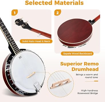 Goplus 5-String Banjo, 39 Full Size Banjo Set w/Remo Drumhead, Sapele Resonator, 24 Brackets & Geared 5th Tuner, Beginner Kit w/Open or Closed Back, Digital Tuner, Strap, Gig Bag, Wrenches