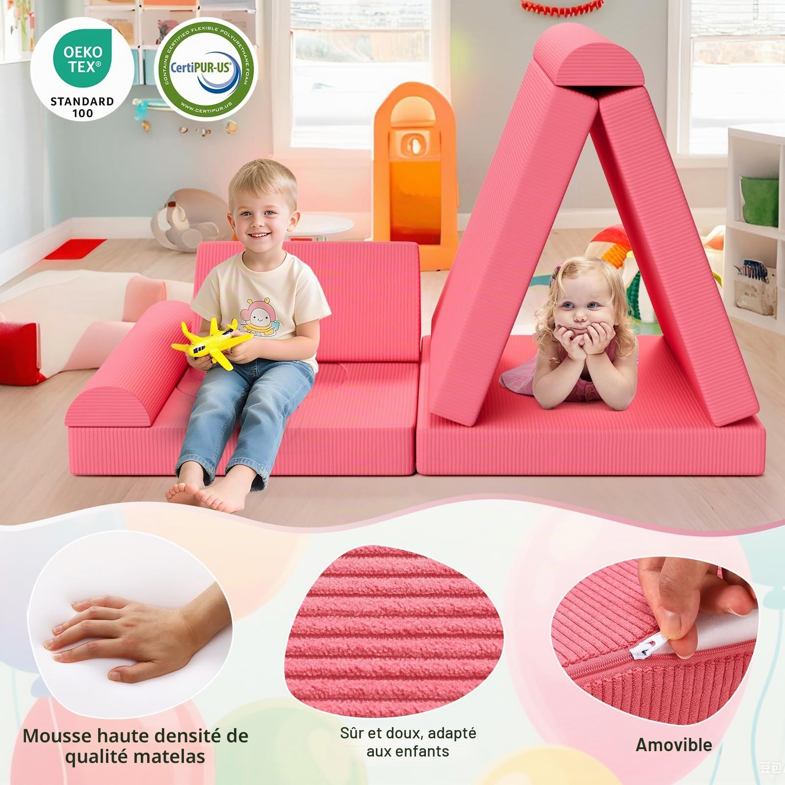 Clevich Canapé Modulable pour Enfants, Canape Enfant Convertible Confortable, Meubles de Chambre et de Salle de Jeux pour Tout-Petits, Possibilités de Jeux Infinies, Velours Côtelé (Rose)