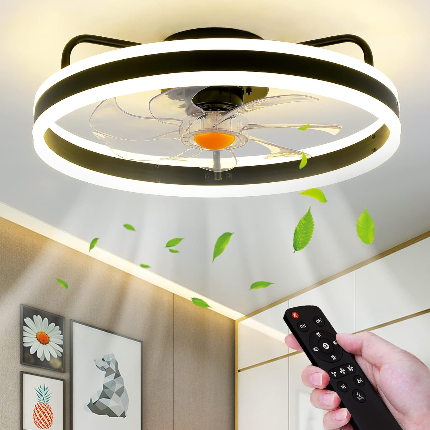 Low Profile Ceiling Fans with Lights Remote - 20" Flush Mount Modern Bladeless Ceiling Fan, Enclosed Small Black Fan with Dimming for Bedroom……