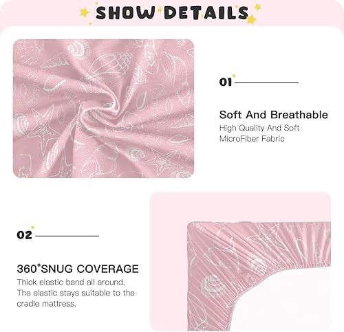 Miniatura 5 de Sábanas de cuna rosas con conchas marinas para niños y niñas, 52 x 28 pulgadas, suaves y transpirables, sábanas de paquete n play, mini sábanas