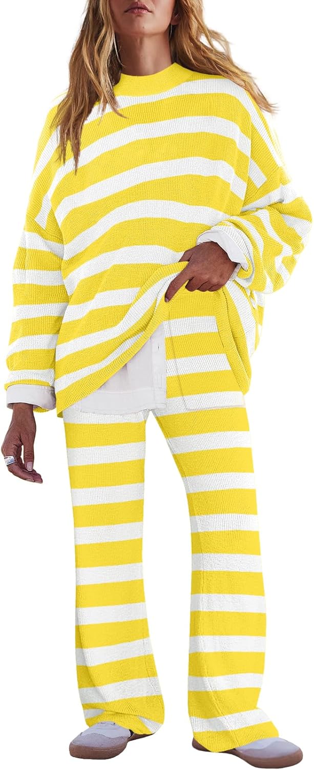 LAMISSCHE Oversized Womens Lounge Set Striped Sweater Set Long Sleeve 2 Piece Pajama Set Top and Pants with Pockets
