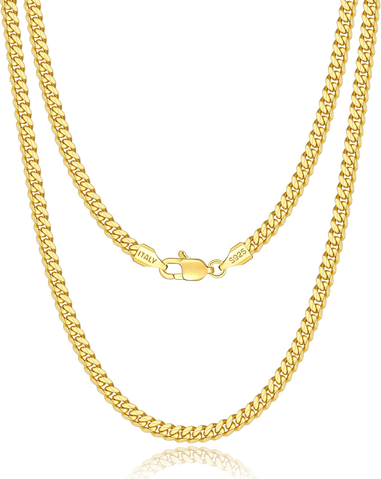 18k Gold Plated S925 Sterling Silver Chain Necklace for Men Women, 3.5mm, 4mm, 5mm Diamond Cut Cuban Link Chain, Sturdy & Shiny & Not Easy to Fade & Comfortable 16 18 20 22 24 26 Inch