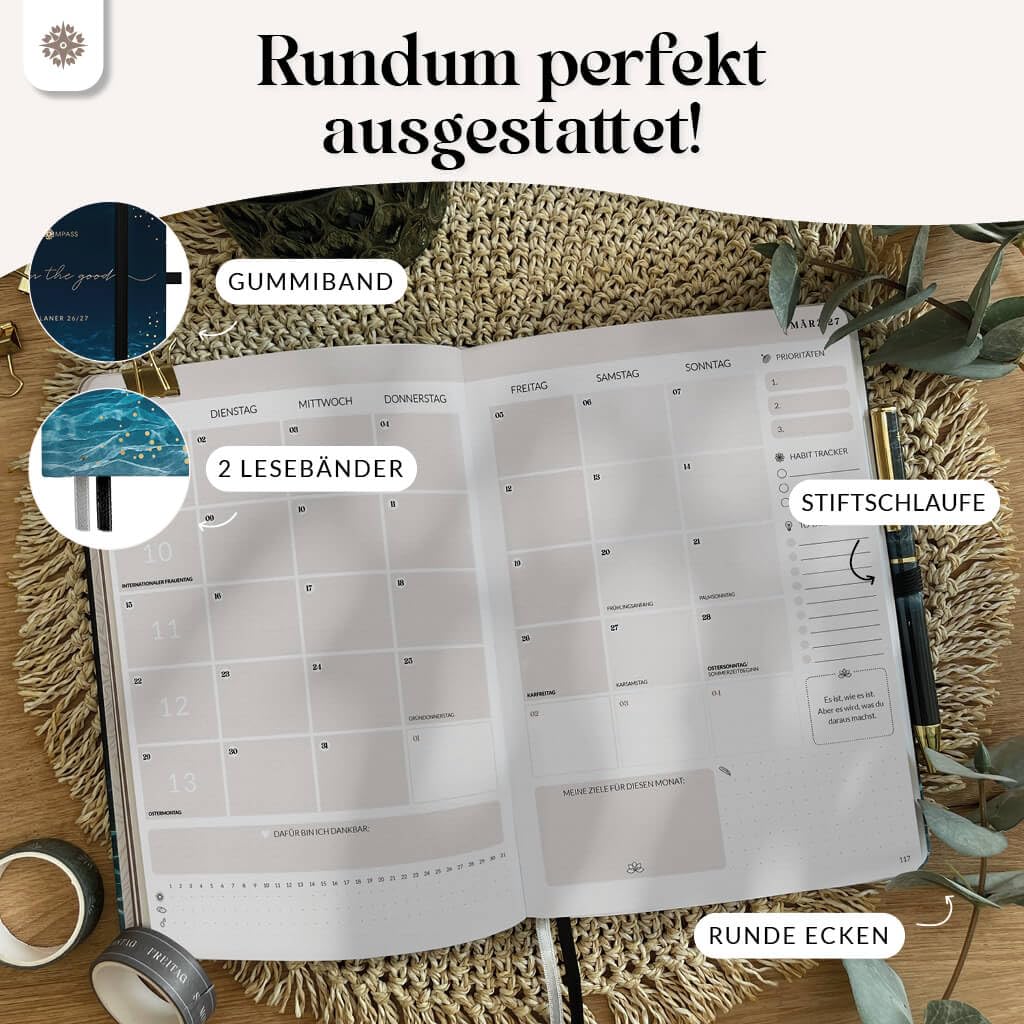 Lebenskompass® Kalender 2026 2027 A5 Dive - Terminplaner Juli 2026 bis Dezember 2027 - 18 Monate Wochenplaner & Buchkalender mit Achtsamkeit, Hardcover mit Goldprägung