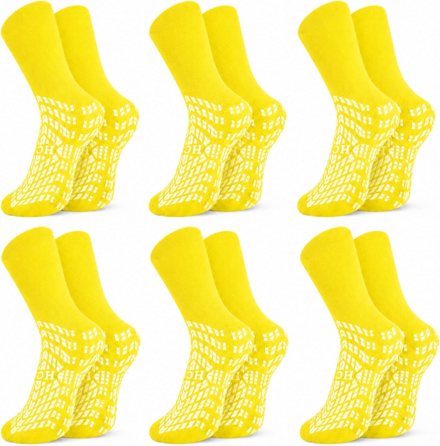 HCS Hospital Socks with Grips for Women & Men, Unique 360 Tread (6 Pairs) | Non-Slip Sock for Elderly/Seniors - Hospital Grip Socks, Grippy Fall Risk Patient Slippers (Yellow, Regular)
