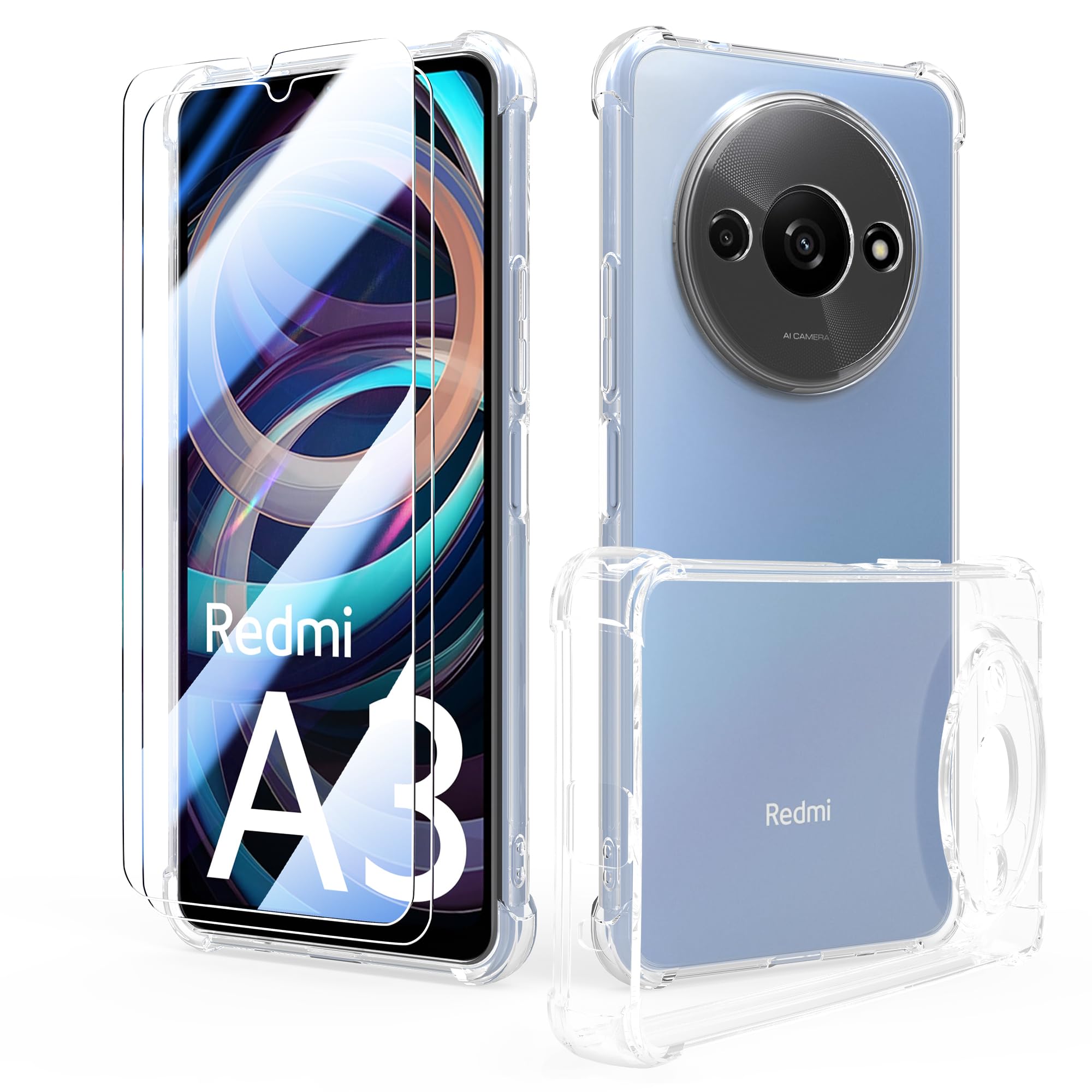 SMYTU Custodia per Xiaomi Redmi A3 4G (6,71") + 2 Pezzi Vetro Temperato,Trasparente Anti-Giallo Case Cover Protettiva Antiurto Leggera e Sottile per Xiaomi Redmi A3 4G - Crystal Clear