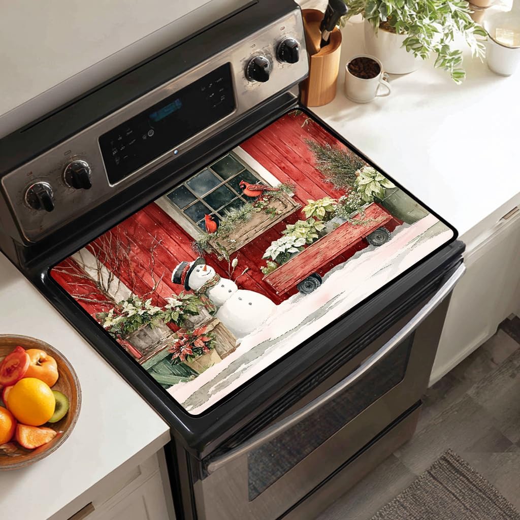 Snowman Glass Stove Top Cover Protector,Christmas Courtyard Electric Stove Top Cover Glass Top Stove Cover Protector,Heat‑Resistant Stove Top Cover,Hummingbird Kitchen Decor Accessories