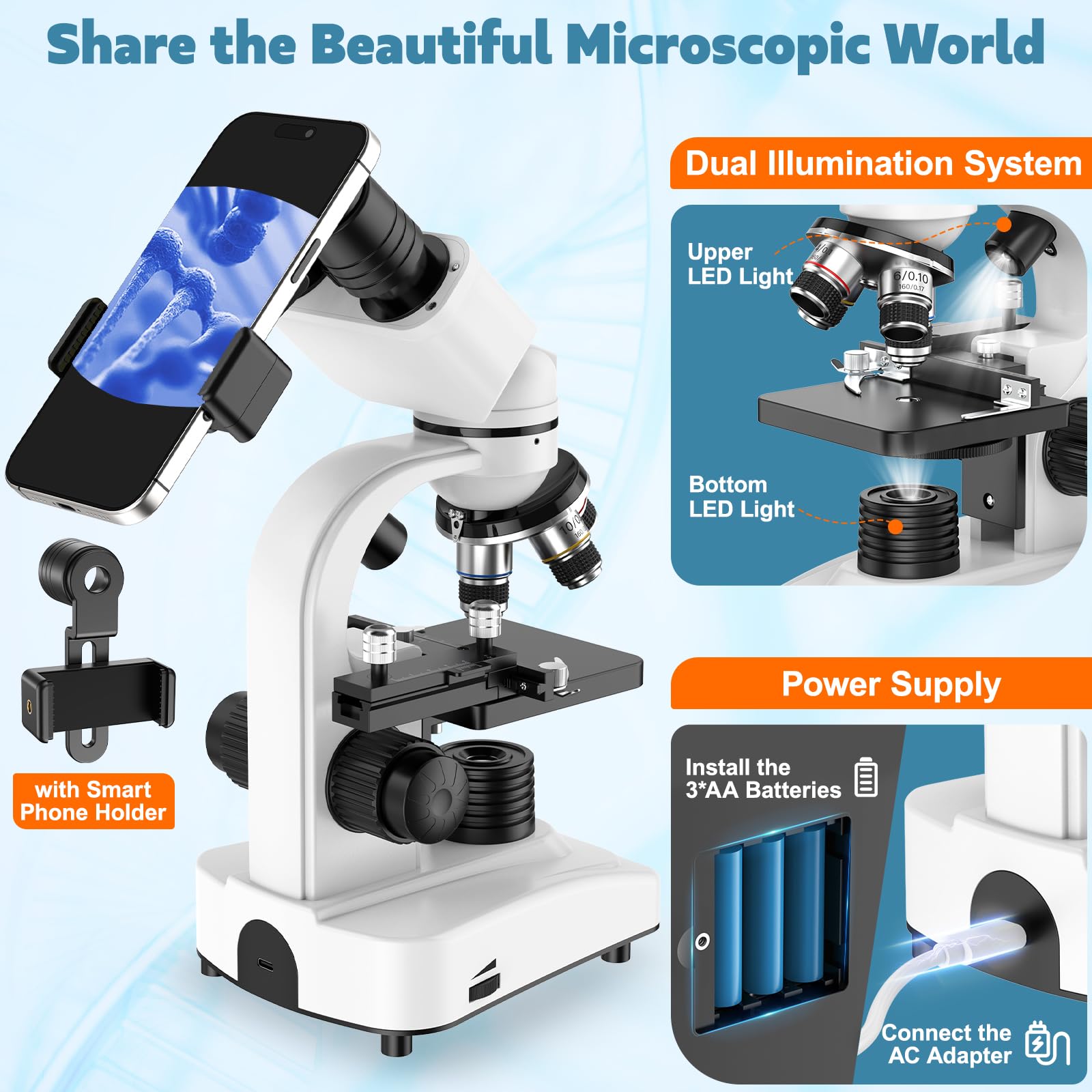 Microscopio binocular, 40X-1000X, regla deslizante, 4 lentes de objetivo, enfoque grueso y fino, con oculares WF 10X/25X, accesorios, funda de transporte