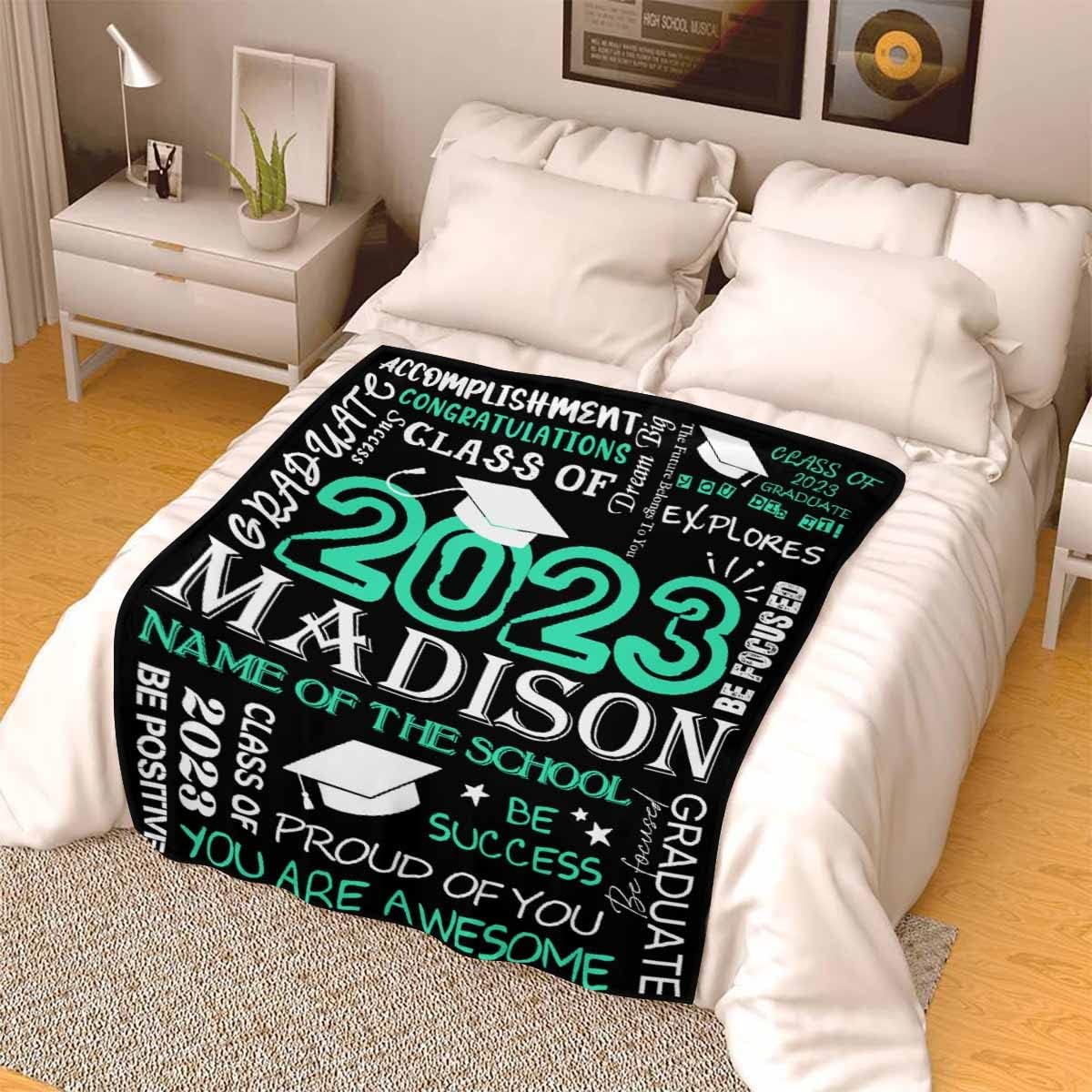 LOSARON Custom Name Class of 2023 Graduation Blanket Congratulations Class of 2023 Green Black Personalized Throws Warm Cozy Bedding Blankets for Kids Teens 70x80