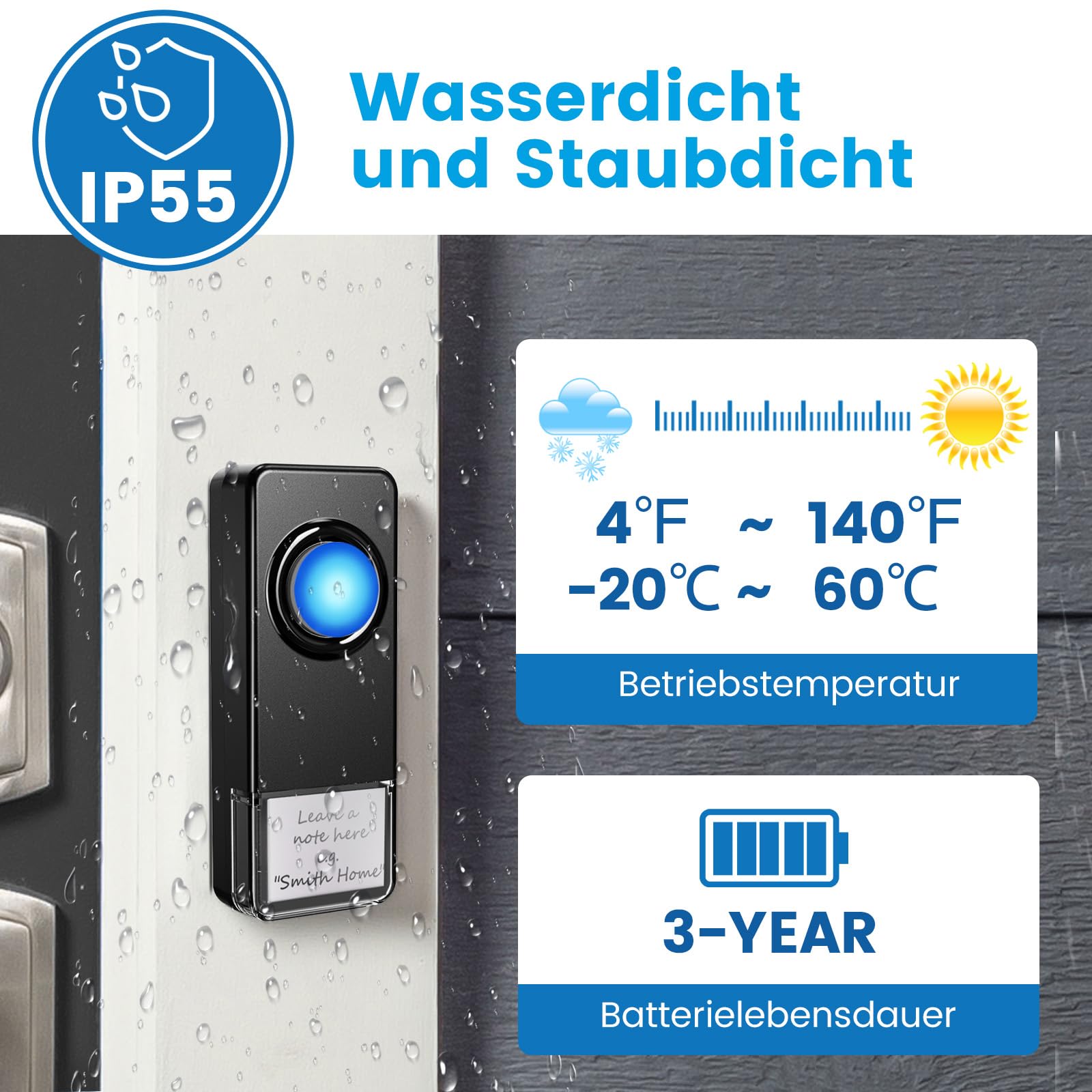 WIFI Türklingel Funk, Funkklingel Aussen Wasserdicht Kompatibel mit Smartphone App, 0-110dB Laute Klingel Haustür mit 32 Melodien, Doorbell mit Fernbenachrichtigung, Haustürklingel mit LED-Blitz