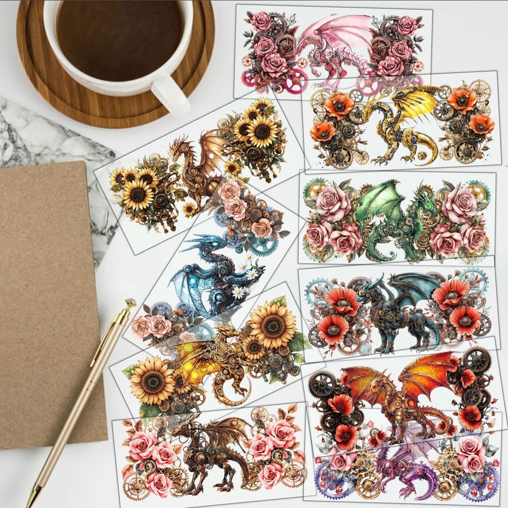 10 Sheets Dragon UV DTF Cup Wraps, 10 Styles Flower Mechanical Dragon Cup Wraps Decals Waterproof Rub on Transfer Stickers for Glass Cups Furniture Decorations