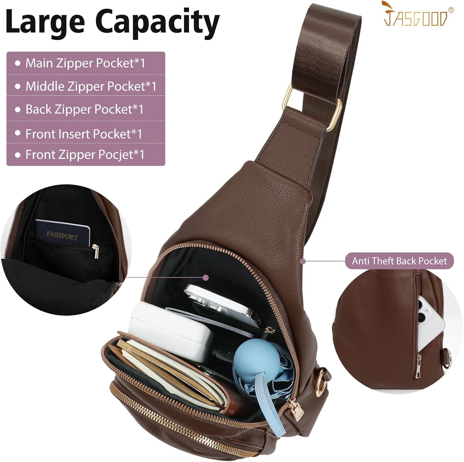 Sling Bag for Women Crossbody Leather Fanny Packs Chest Bag Fashion Sling Backpack Travel JASGOOD