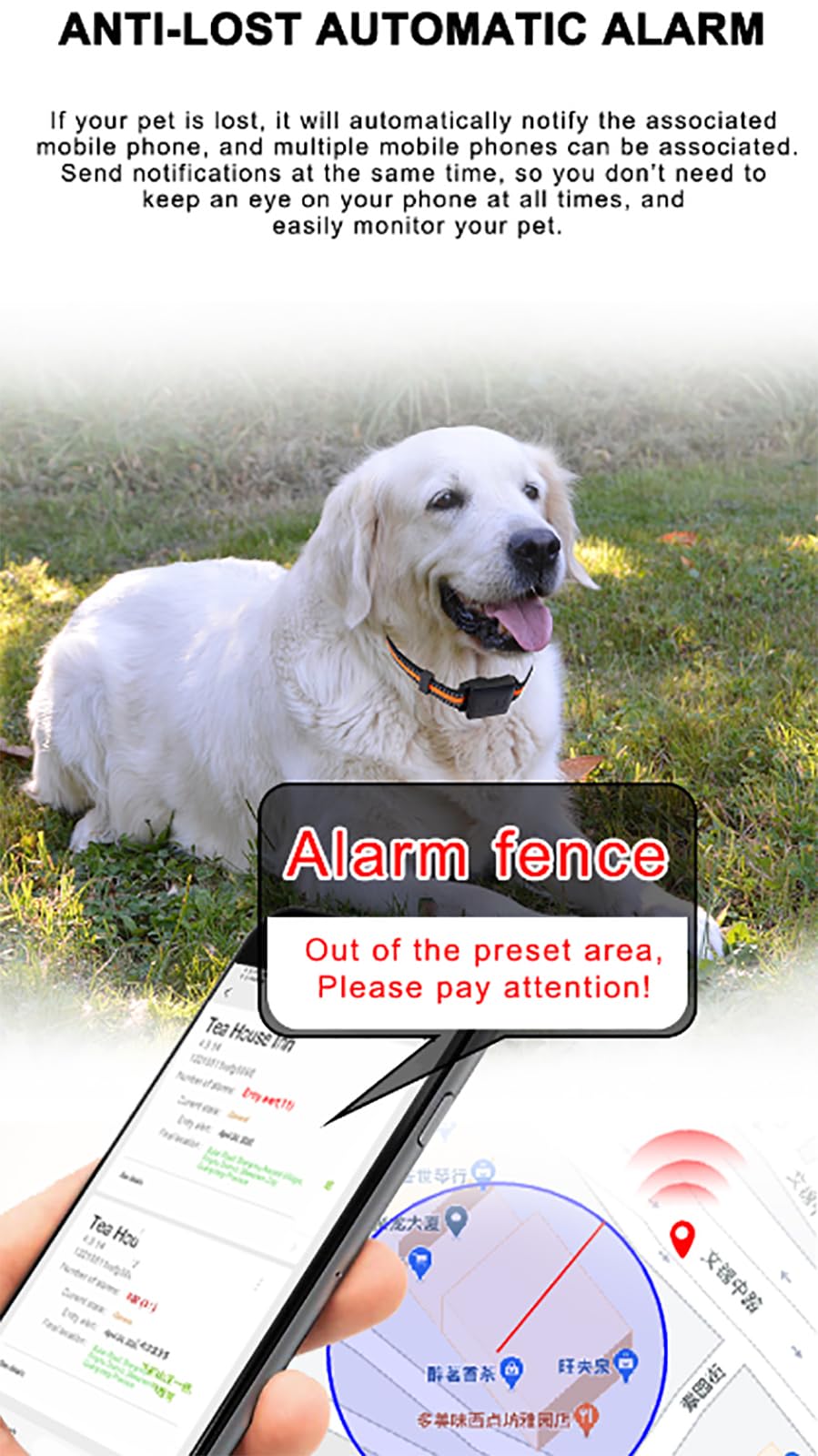 Tracker GPS per animali domestici con monitoraggio in tempo reale, monitoraggio APP e cronologia di 90 giorni per cani e gatti