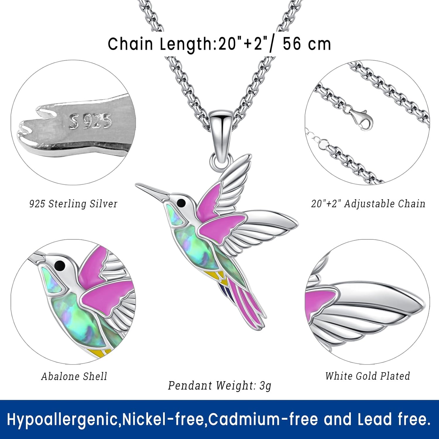 Eusense Animals Jewelry Hummingbird Black Cat Necklace 925 Sterling Silver Wiccan Mushroom Owl Cat Pendants Necklace for Women Men - Image 2