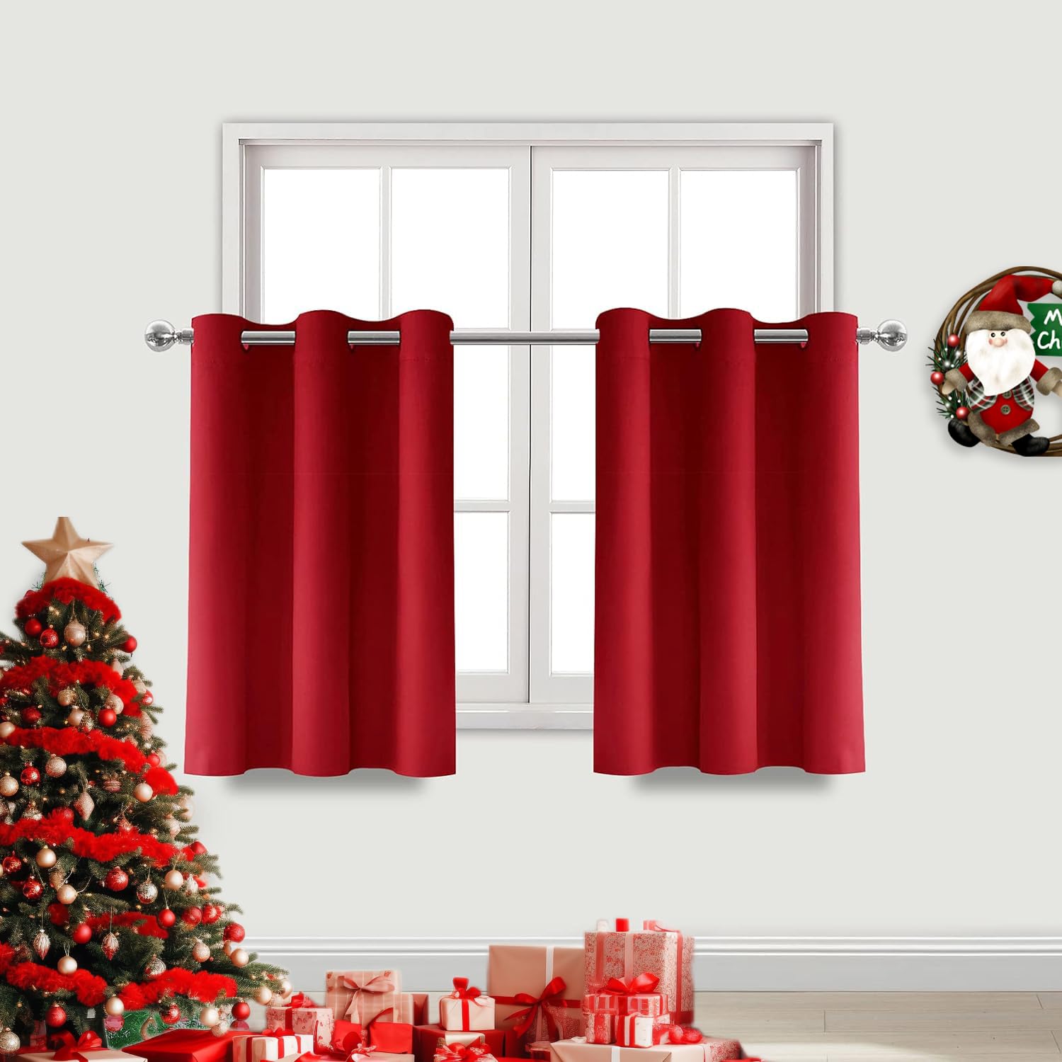 DWCN Blackout Curtains Red Christmas Curtains, Room Darkening Thermal Insulated Kitchen Tier Curtains, Solid Grommet Cafe Curtains - 42 x 36 inches