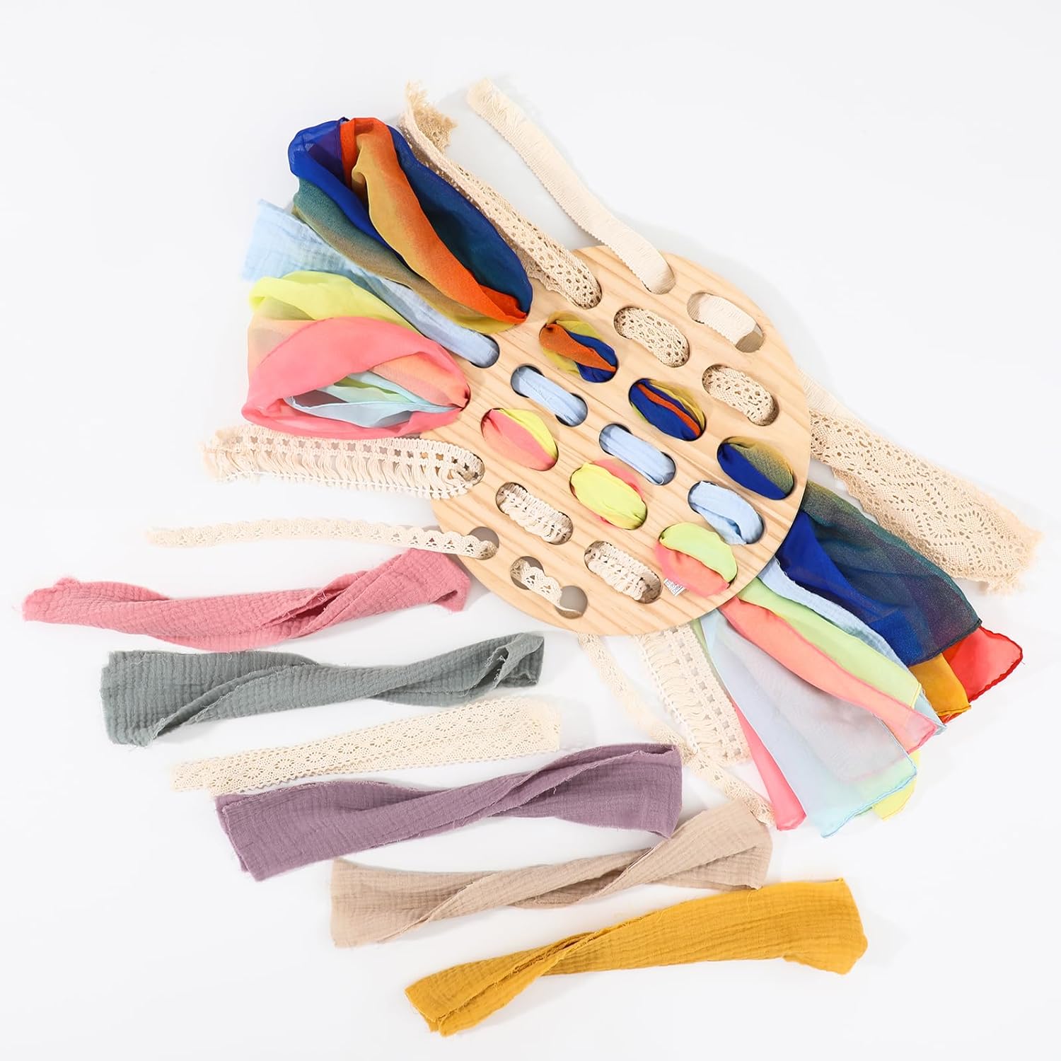 COTTOVE Wooden Lacing Toys Open Ended Busy Board with Play Silks Kid Weaving Board Handwork Preschool Loose Parts Montessori sensorial Materials 3-6 Years Montessori Practical Life