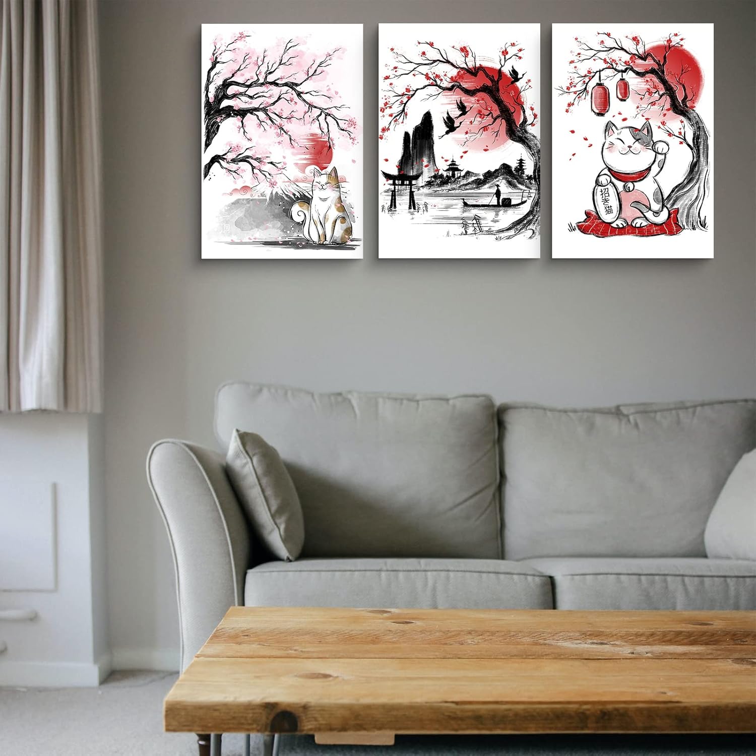 3 Piece Canvas Wall Art for Living Room Cherry Blossom Decor Japanese Decorations Painting Bathroom Bedroom Decor Red White Picture Japan Bay Ink Wash Modern Artwork Framed Ready to Hang Artwork-02 12x16inch x 3 Panels