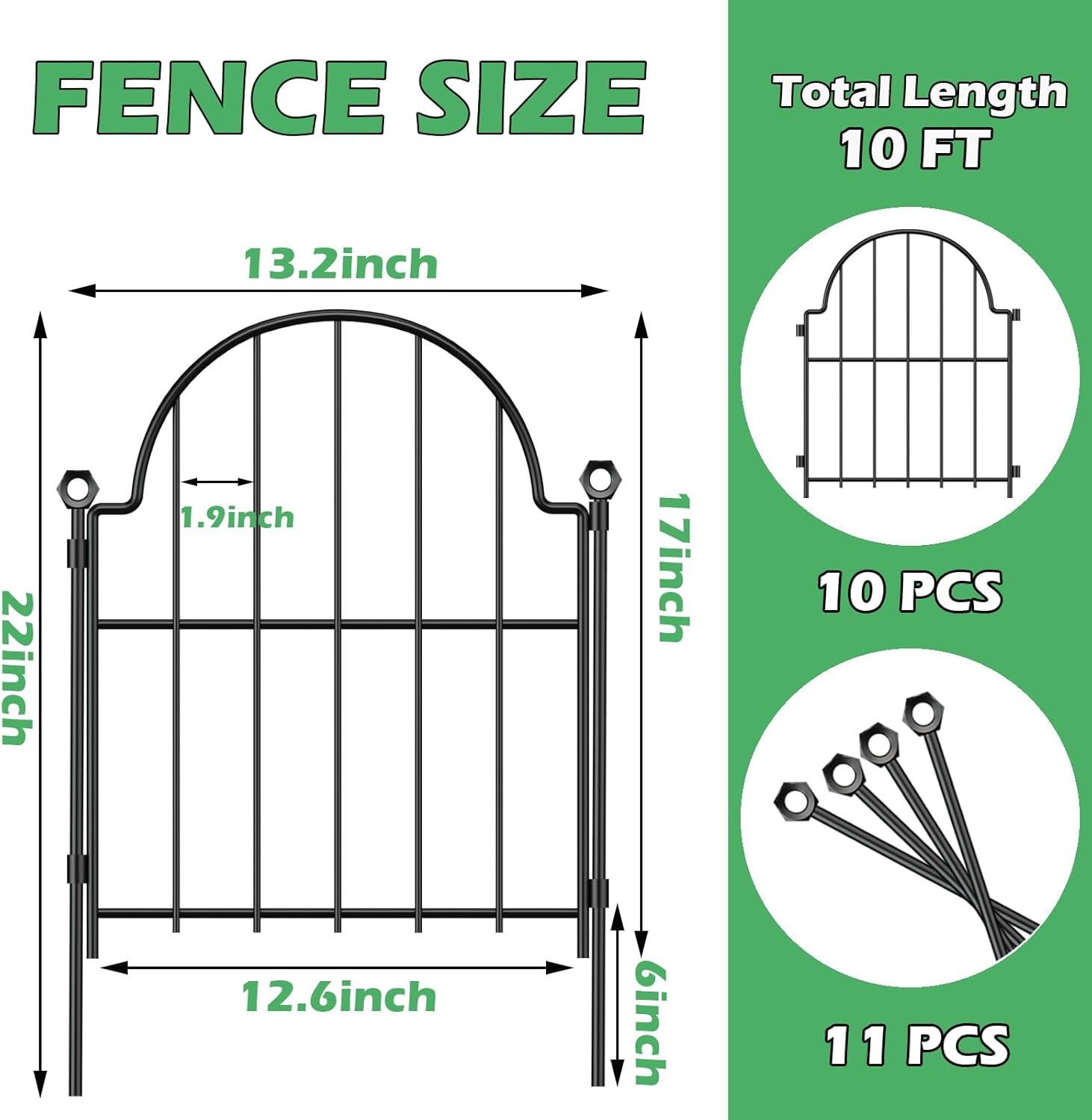 (Similar to) Garden Fence, 22 in(H) x 10.83 ft(L) Arched Rustproof Metal No Dig Fence Garden Fence Border, Ground Stake Animal Barrier Fence for Rabbit Dog, Outdoor Decor for Yard & Patio Black 10 Panels - 17 in(H) X 10.83 ft(L)