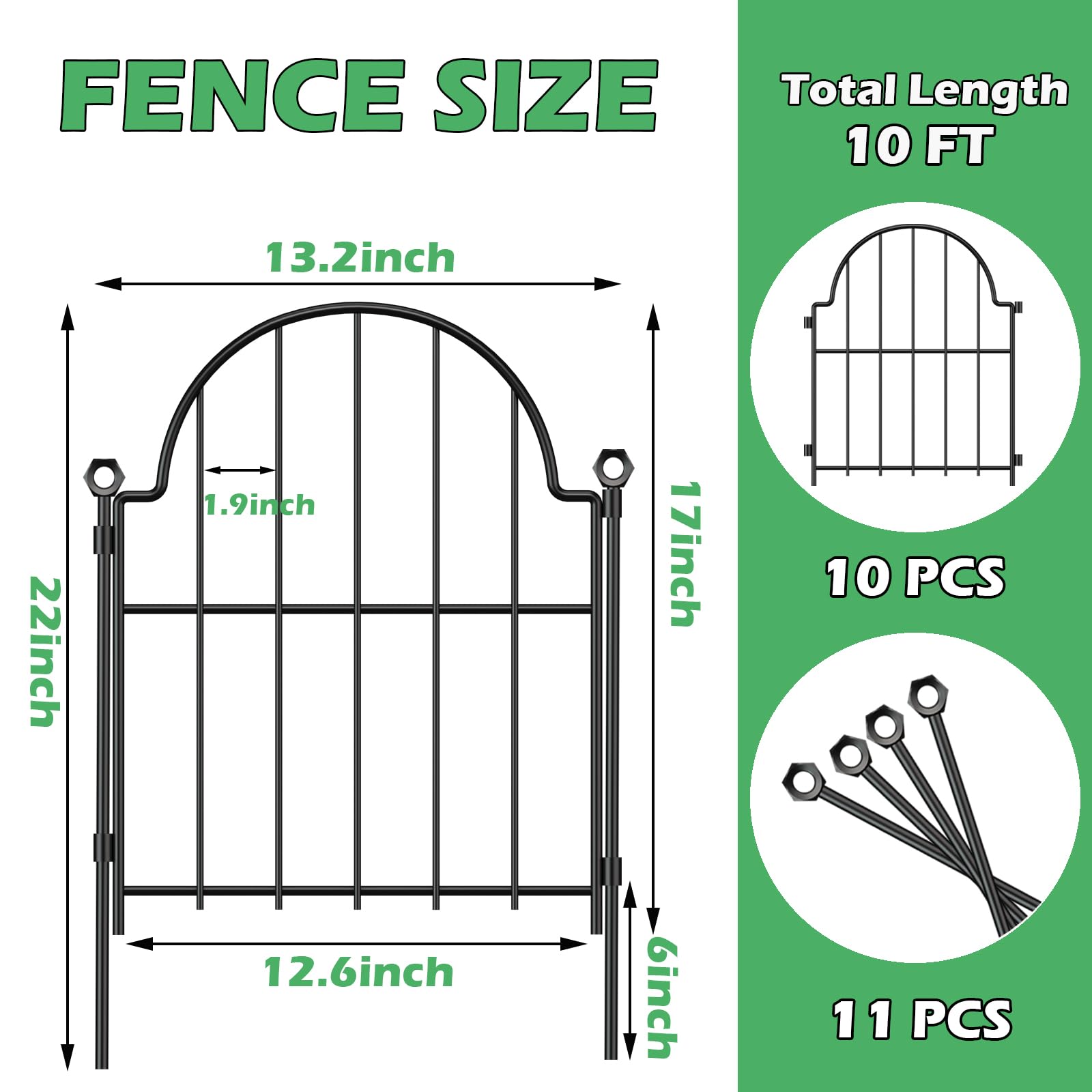 Garden Fence, 22 in(H) x 10.83 ft(L) Arched Rustproof Metal No Dig Fence Garden Fence Border, Ground Stake Animal Barrier Fence for Rabbit Dog, Outdoor Decor for Yard & Patio