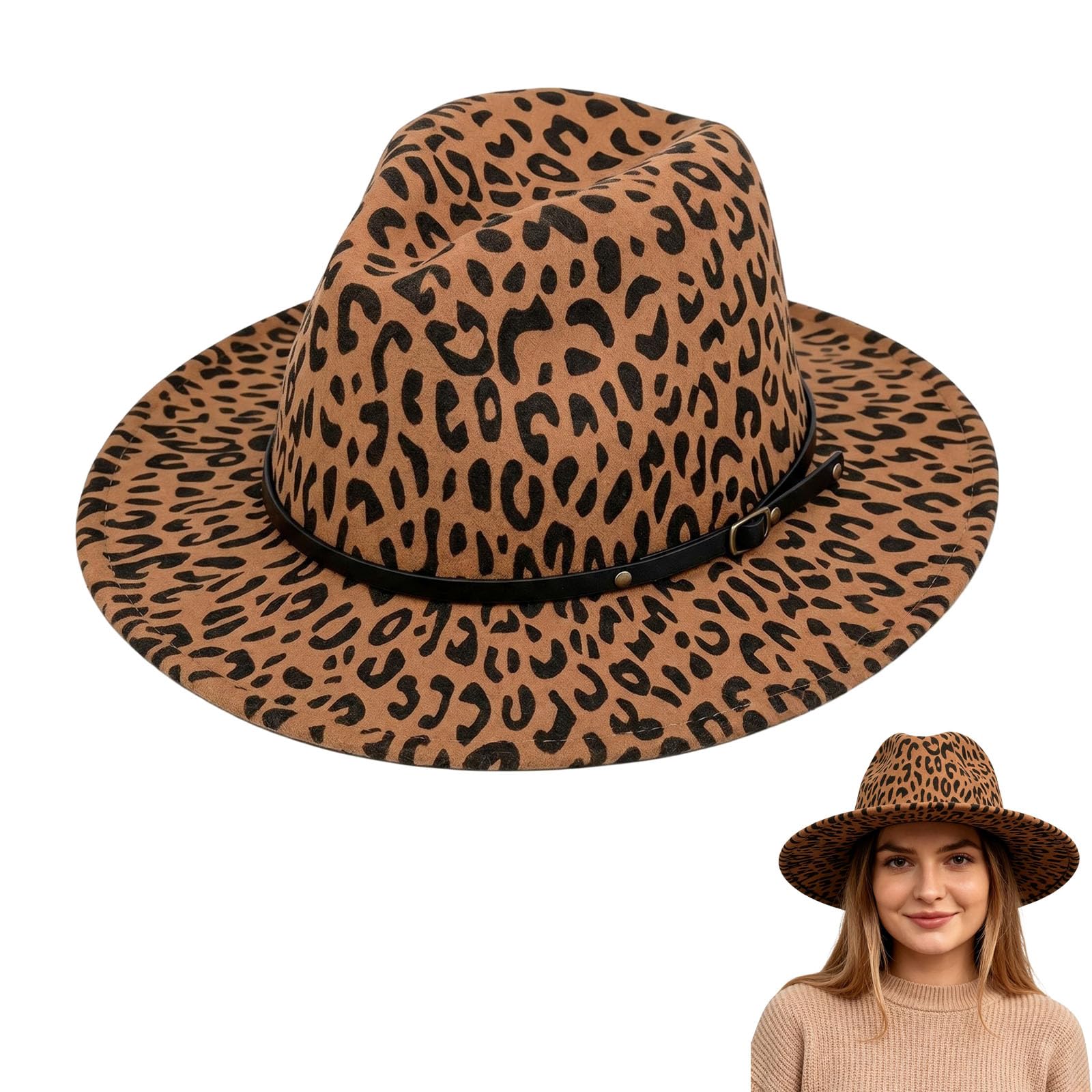Women's Leopard Print Wide Brim Fedora Hat Belt Buckle Detail Felt Trilby Panama Style Derby Church Hat