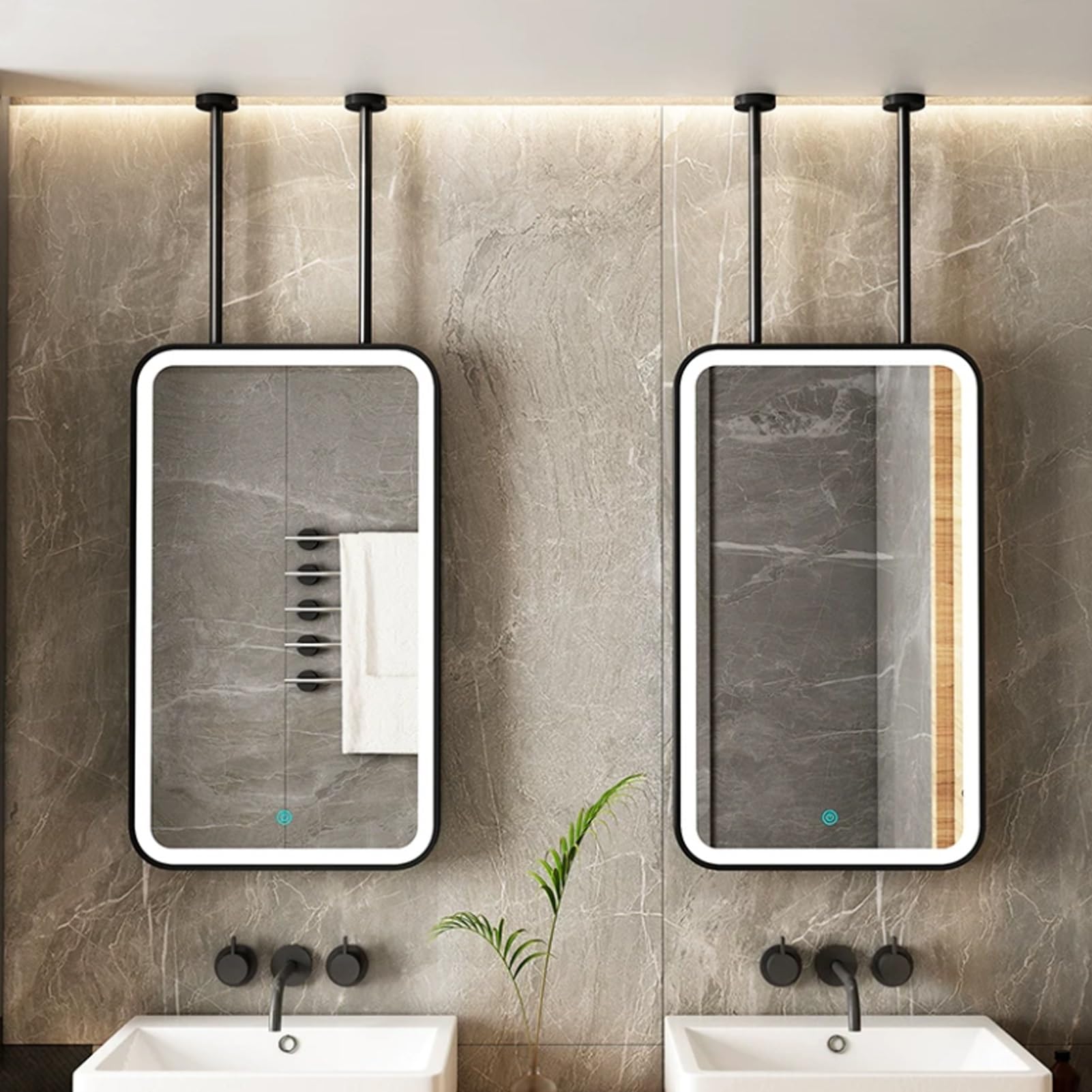 FGXHHS Rectangle Wall Lighted Mirror｜Ceiling Mounted LED Hanging Mirror Metal Frame Bathroom Vanity Makeup Mirrors｜Floating Glass Mirrors for Washrooms Apartment Home Décor(40cmx60cm)