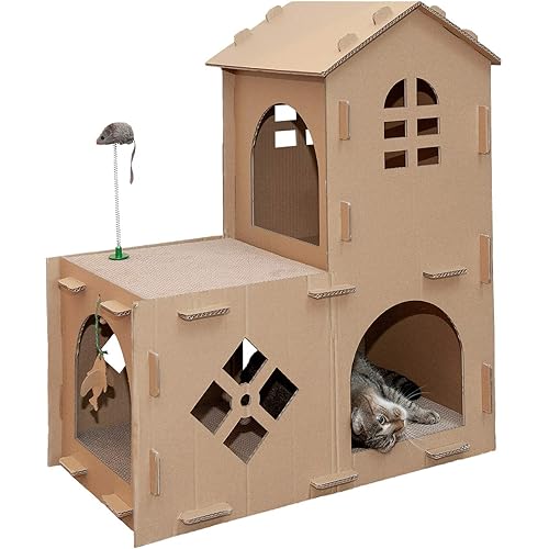Furhaven Multi-Level Cardboard Cat House w/ Catnip for Indoor Cats, Ft. Scratching Pads & Toys - Farmhouse Corrugated Cat Scratcher Hideout - Cardboard Brown, One Size