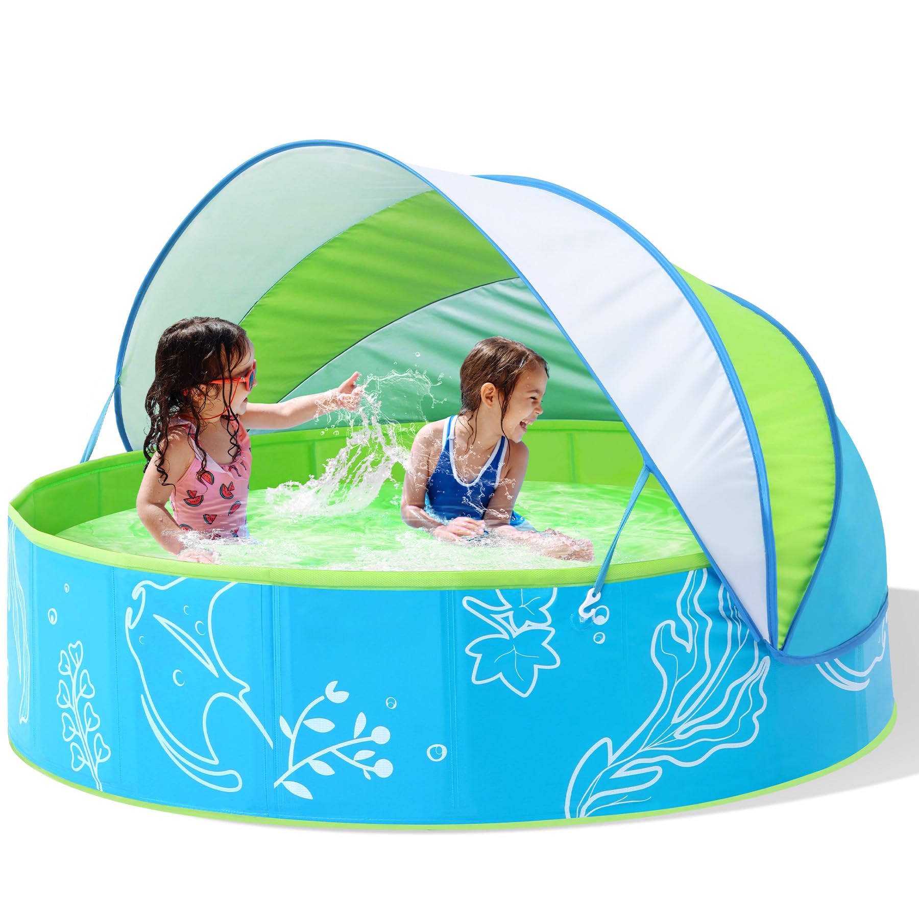 Hikiddy Foldable Kiddie Pool with Canopy: 47in Baby Pool and Beach Tent for Toddlers Infants 6-12 Months and Kids 2-4 Years Old - Portable Water Play with Shade for Outdoor Backyard Beach (Blue-Green)