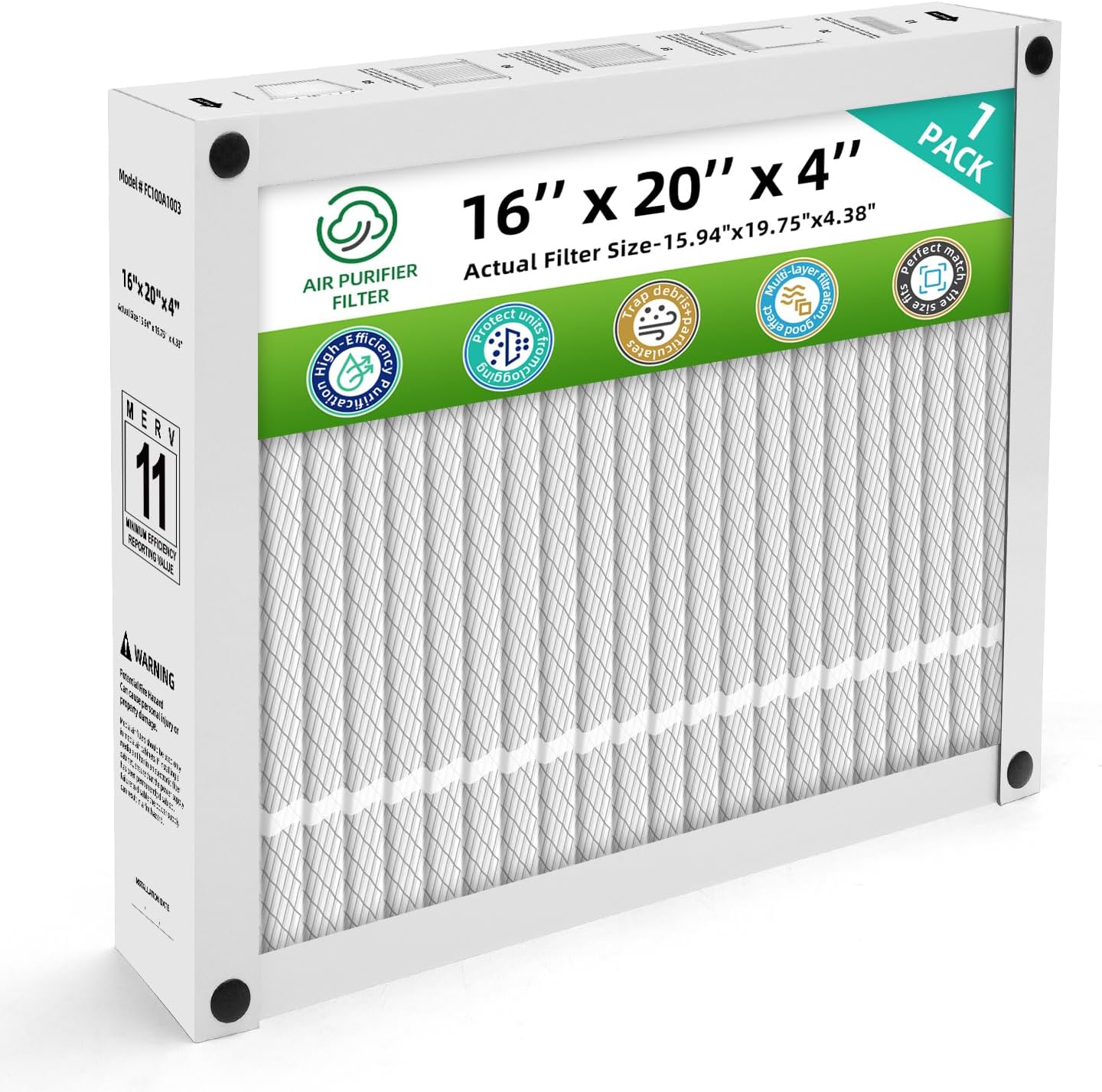 16x20x4 Furnace Filter Replacement MERV 11 Compatible with Honeywell FC100A1003,HVAC Foldable (Actual Size: 15.94 x 19.75 x 4.38 In) (1-Pack)