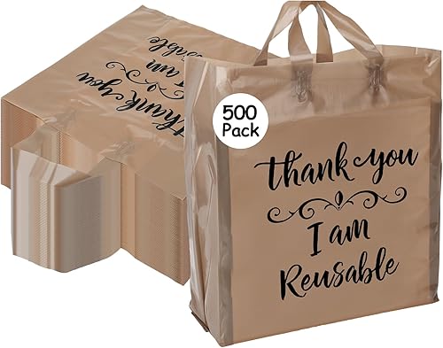 Miniatura 8 de 500 bolsas de compras con asas de 12 x 6.75 x 14 pulgadas, bolsas de plástico reutilizables de color marrón a granel de 2 mil, bolsa de regalo de