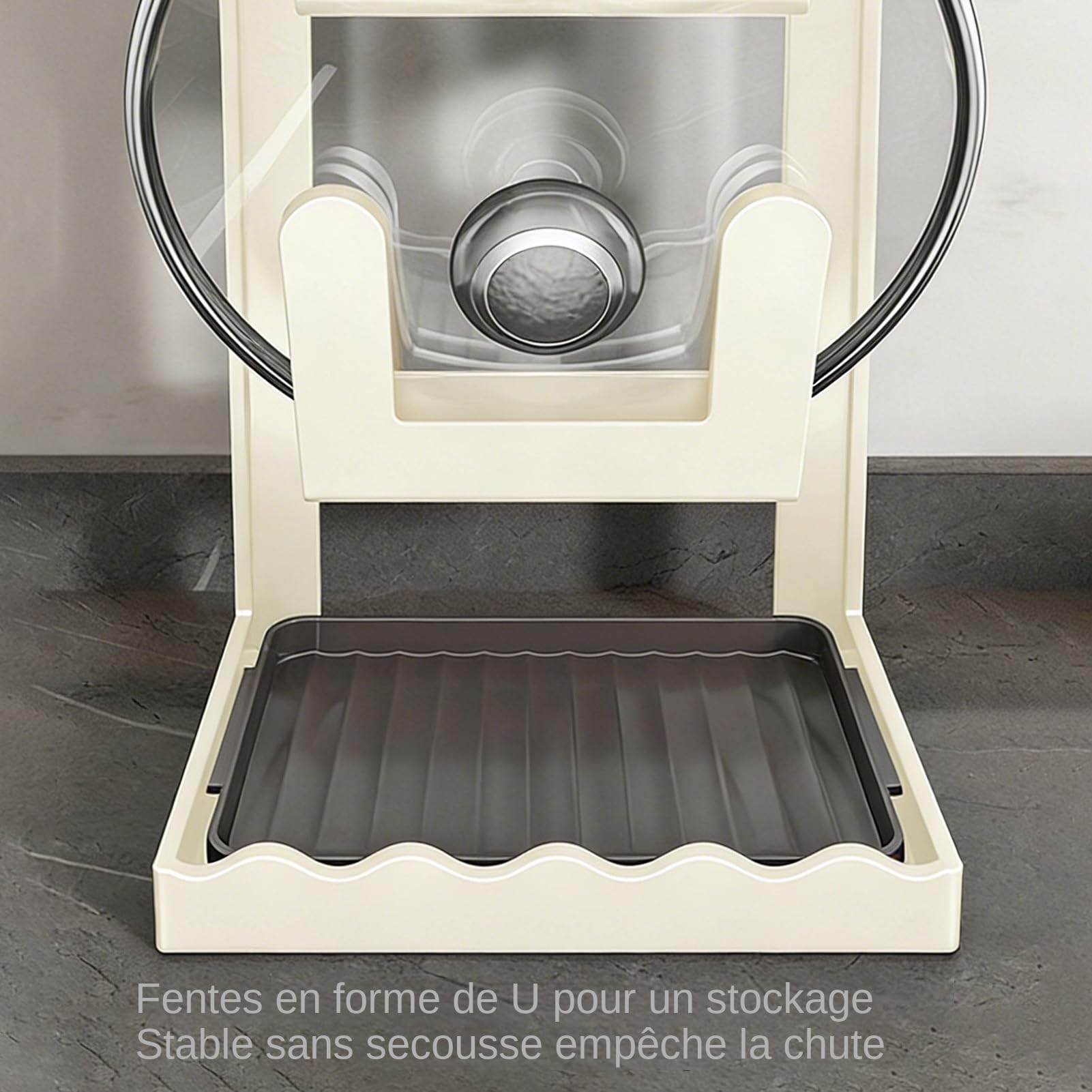 Soporte vertical para tapas de almacenamiento para el hogar, para ollas y sartenes, con bandeja de drenaje, estante de almacenamiento antideslizante, para armarios de cocina, comedores, despensa, plan