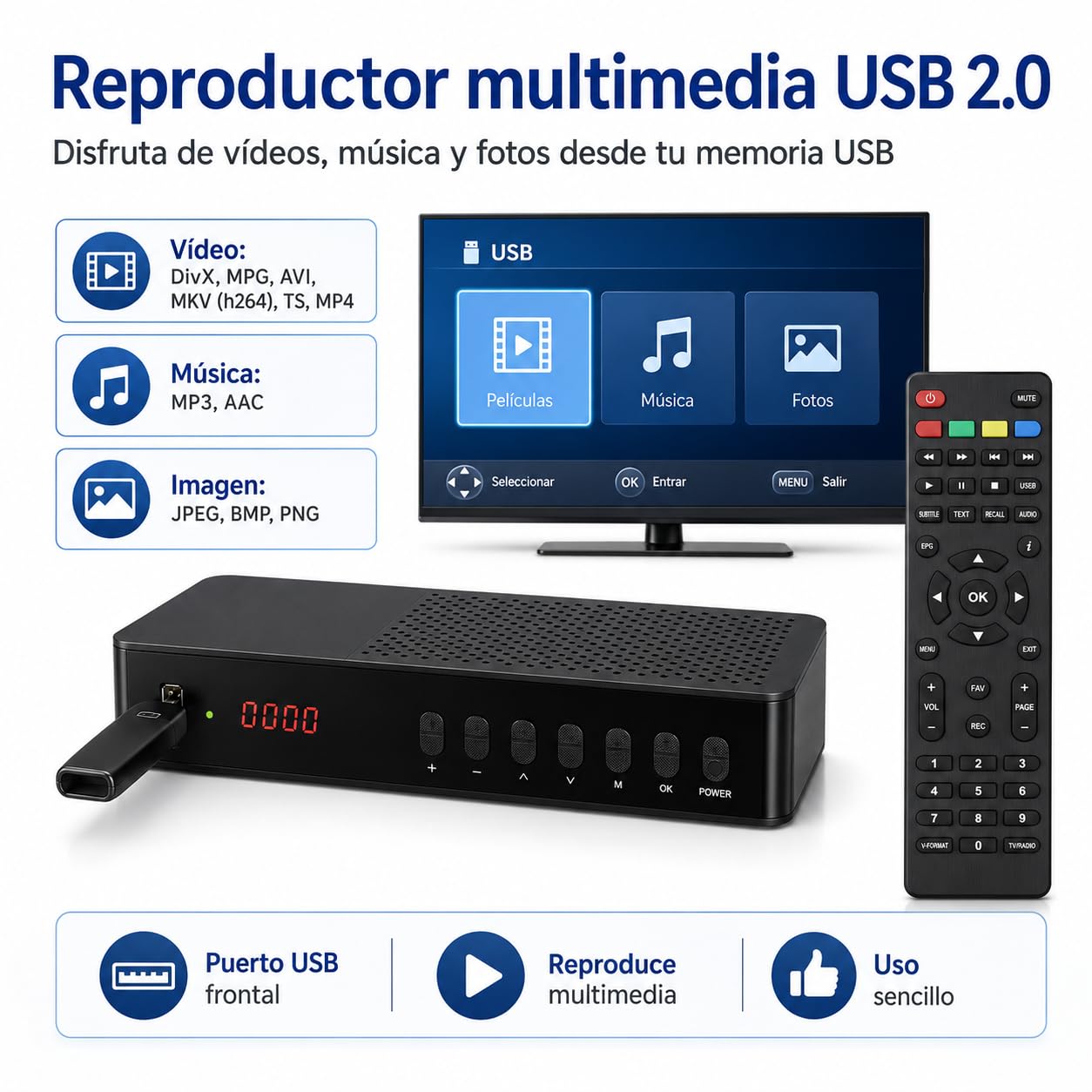 2026 Nuevo Español TDT Decodificador TV DVB-T T2 H265 HEVC FTA Full HD PVR, USB, HDMI, SCART, Sintonizador de TV Digital Terrestre, Receptor Digital de Alta definición Full HD 1080p (3)