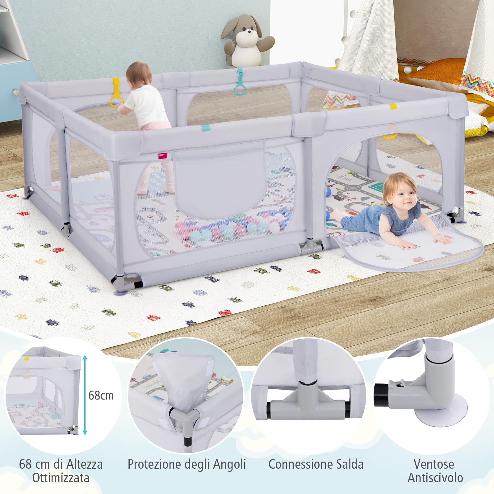 RELAX4LIFE Recinto Bambini 189 x 158 cm con Base a Ventosa, Materassino Pieghevole, Box Giochi, 4 Anelli e 50 Palline, 2 Entrate Laterali, Tasca Portaoggetti e Borsa Trasporto, Rete Traspirante