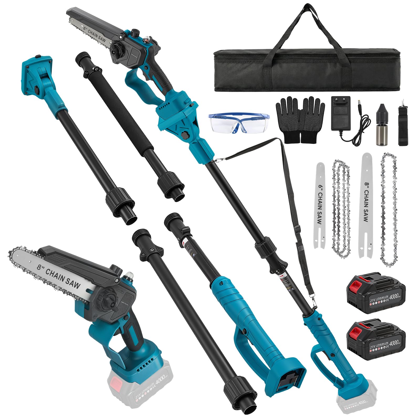 Podadora de pértiga inalámbrica 4 en 1, mini motosierra sin escobillas de 6 y 8 pulgadas con 2 baterías de 4000 mAh, alcance de 4,6 m, herramienta de jardinería para poda y corte de ramas