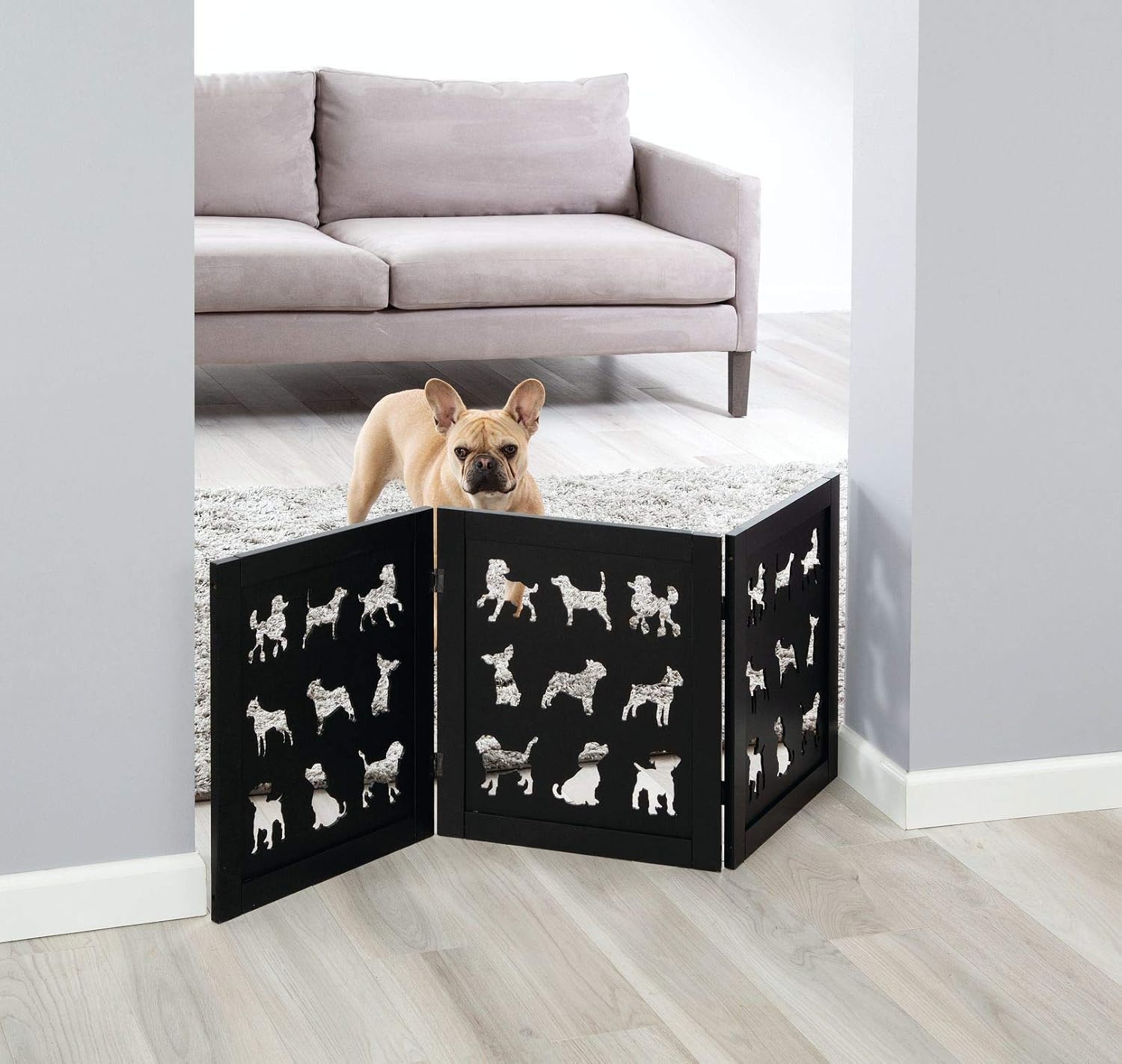 Zoogamo 3 Panel Black Wooden Dog Silhouette Pet Gate -19 Inches Tall Expands Up to 48'' Freestanding Tri Fold Durable Wooden Dog…