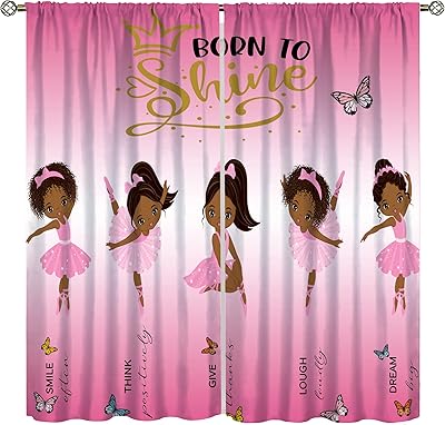 African American Kids Curtains,Afro Black Girl Window Treatments for Bedroom, Cute Girl Ballerina Dancer Pink Curtains 2 Panel Sets,42x45 Inch