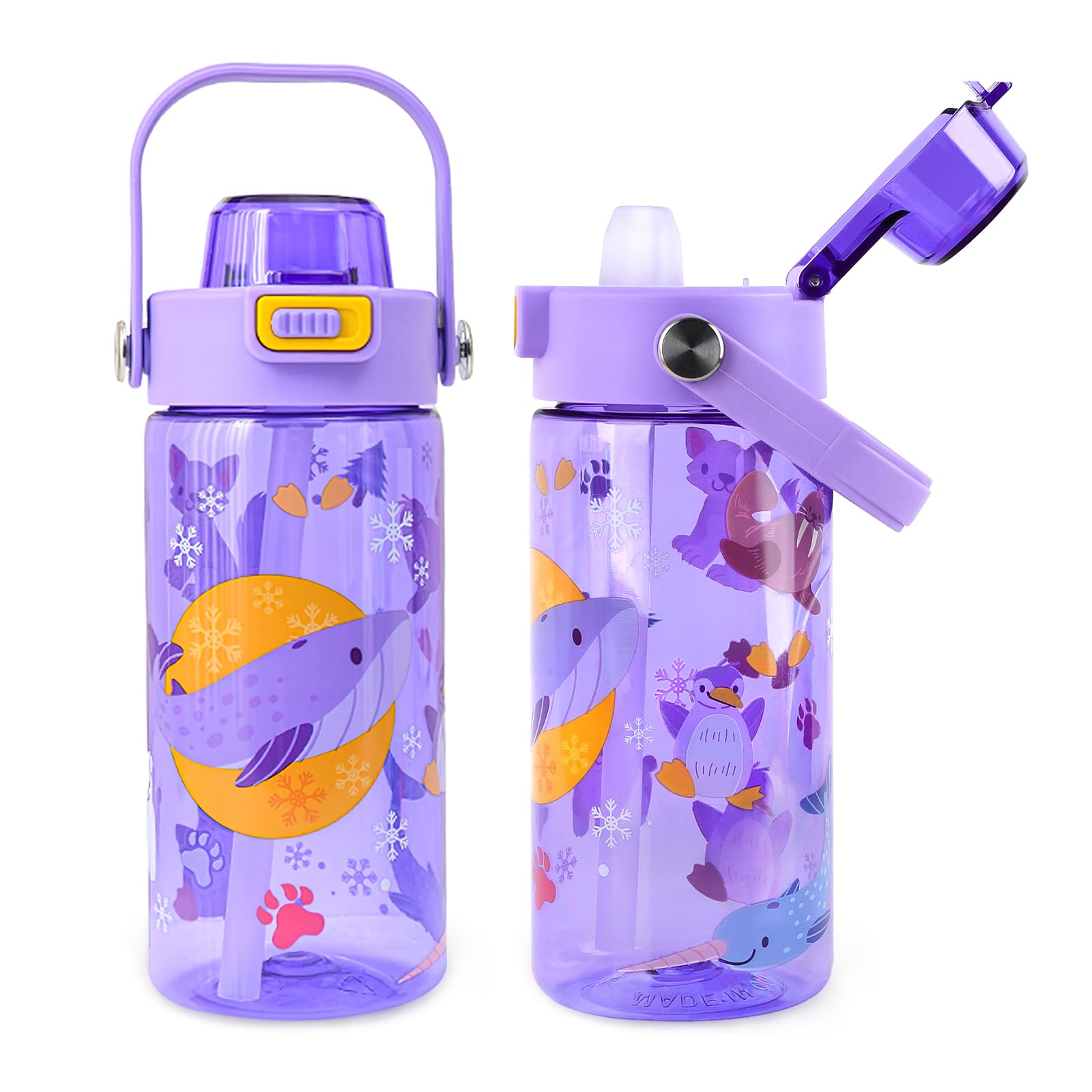 alldomess 600ml Kids Water Bottle For School or Travel, Leak-Proof & Dishwasher Water Cup for Girl Boy, Durable Plastic Sport Bottle With Straw and Handle, Whale