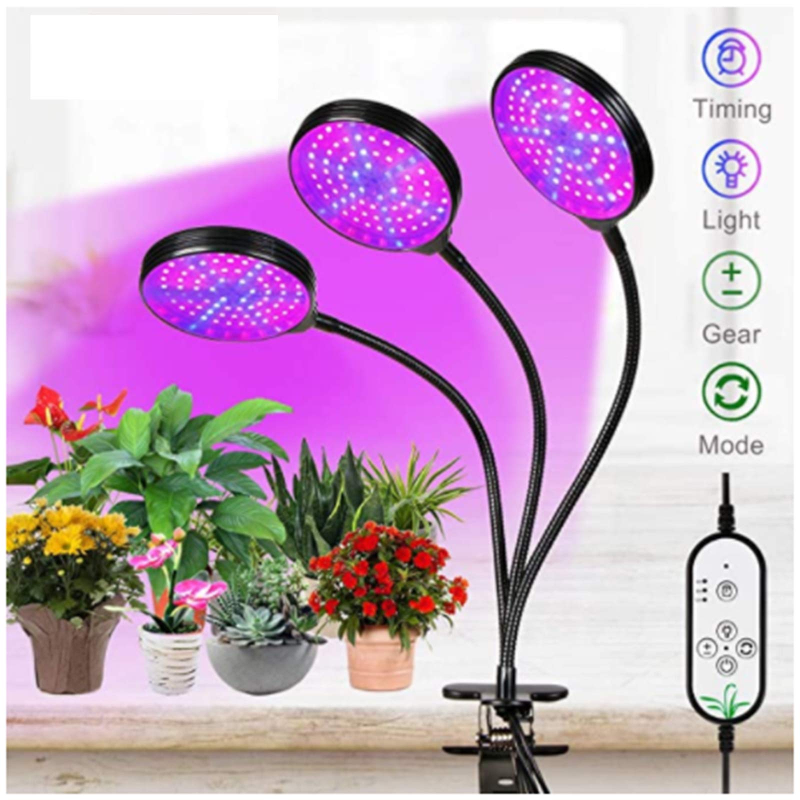 3 cabezales Mejora la luz de crecimiento con temporizador de encendido/apagado automático 4/8/12 h, Lampara de Cultivo Grow Light Indoor Lámpara Planta Espectro Completo 45W Interruptor Temporizador