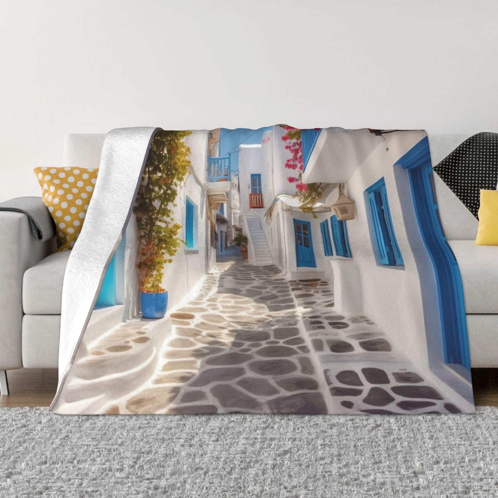 Couverture en flanelle motif rue de Grèce 152x127 cm plaid canapé microfibre toutes saisons