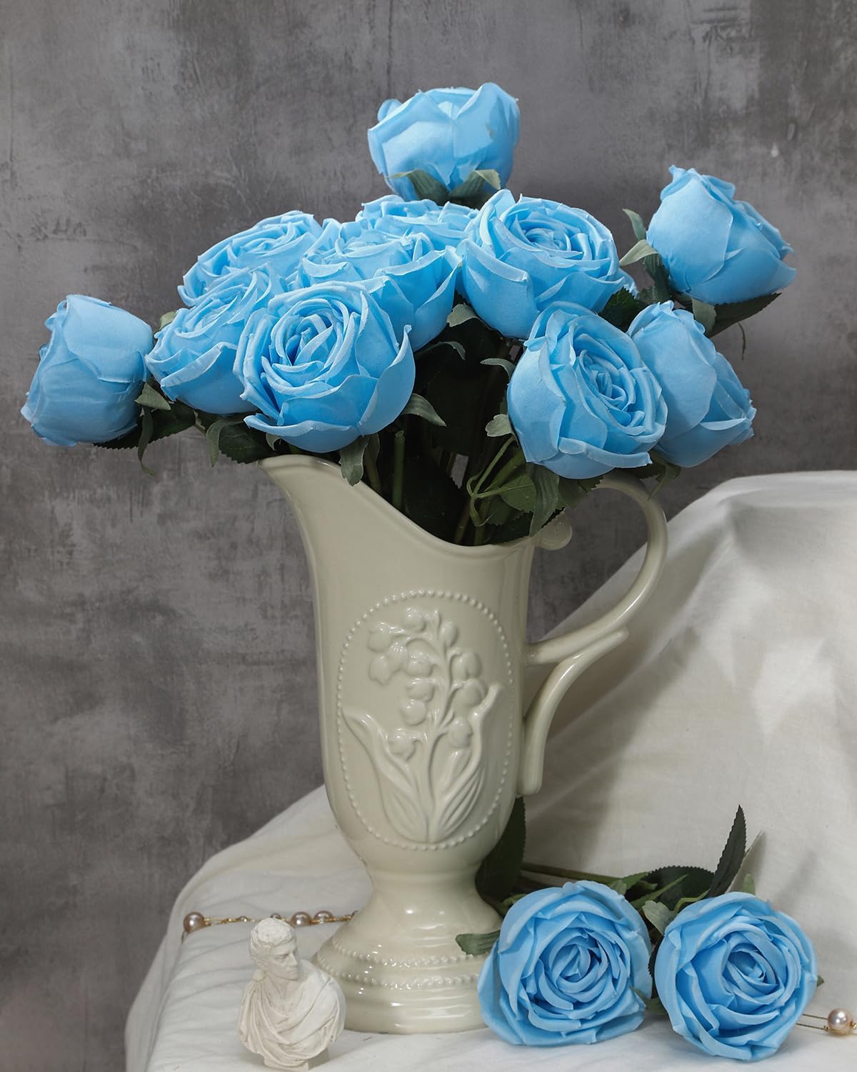 10 Pcs Baby Blue Fake Roses,Artificial Silk Rose Flowers with Long Stems,Realistic Faux Roses for Vase Home Wedding Table Centerpieces Baby Shower Decor - Image 2