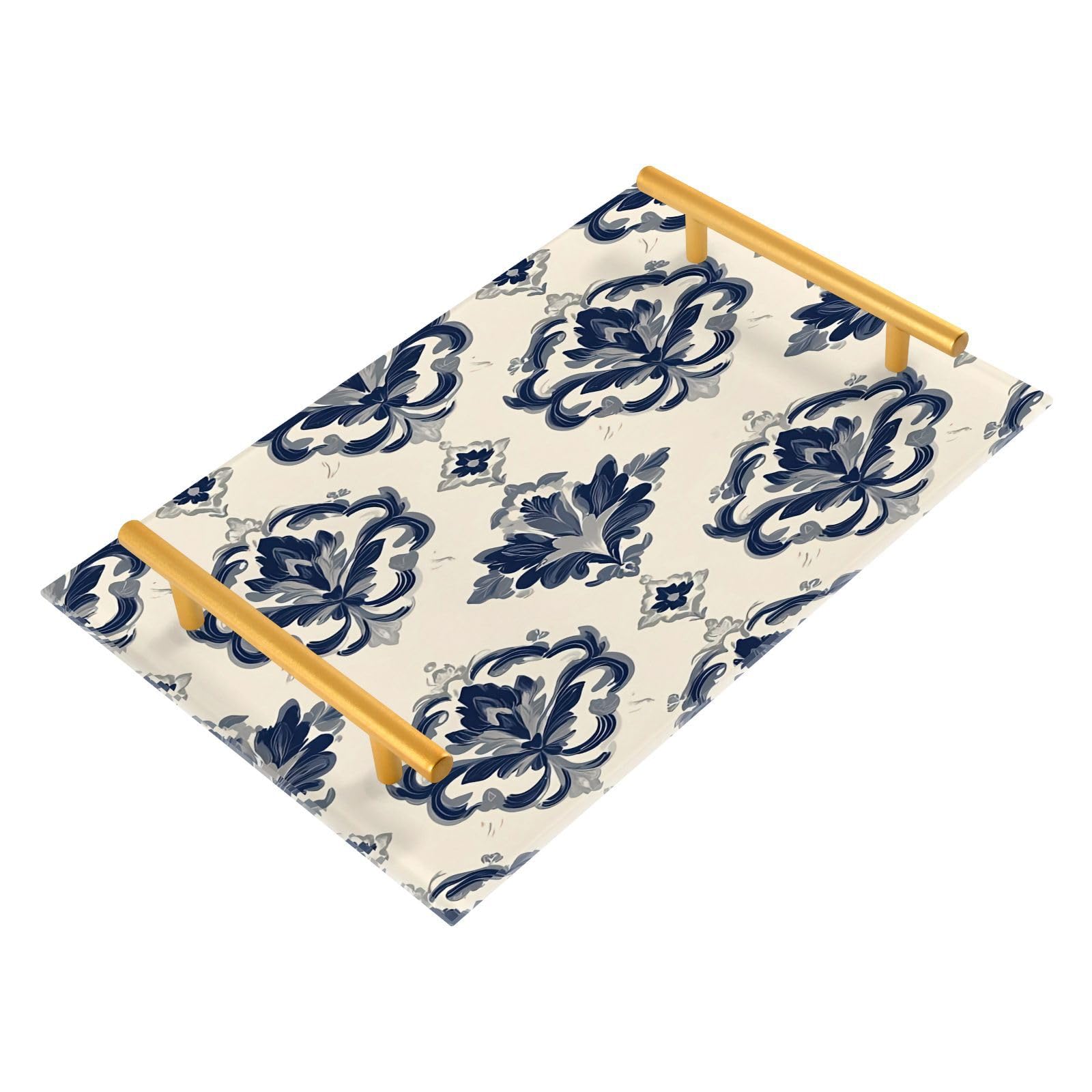GUIJI Fine Carpet Pattern Acrylic Tray, Perfume Cosmetic Jewelry Decorative Trays Bathtub Organizer, Living Room Kitchen Serving Tray with Gold Handles