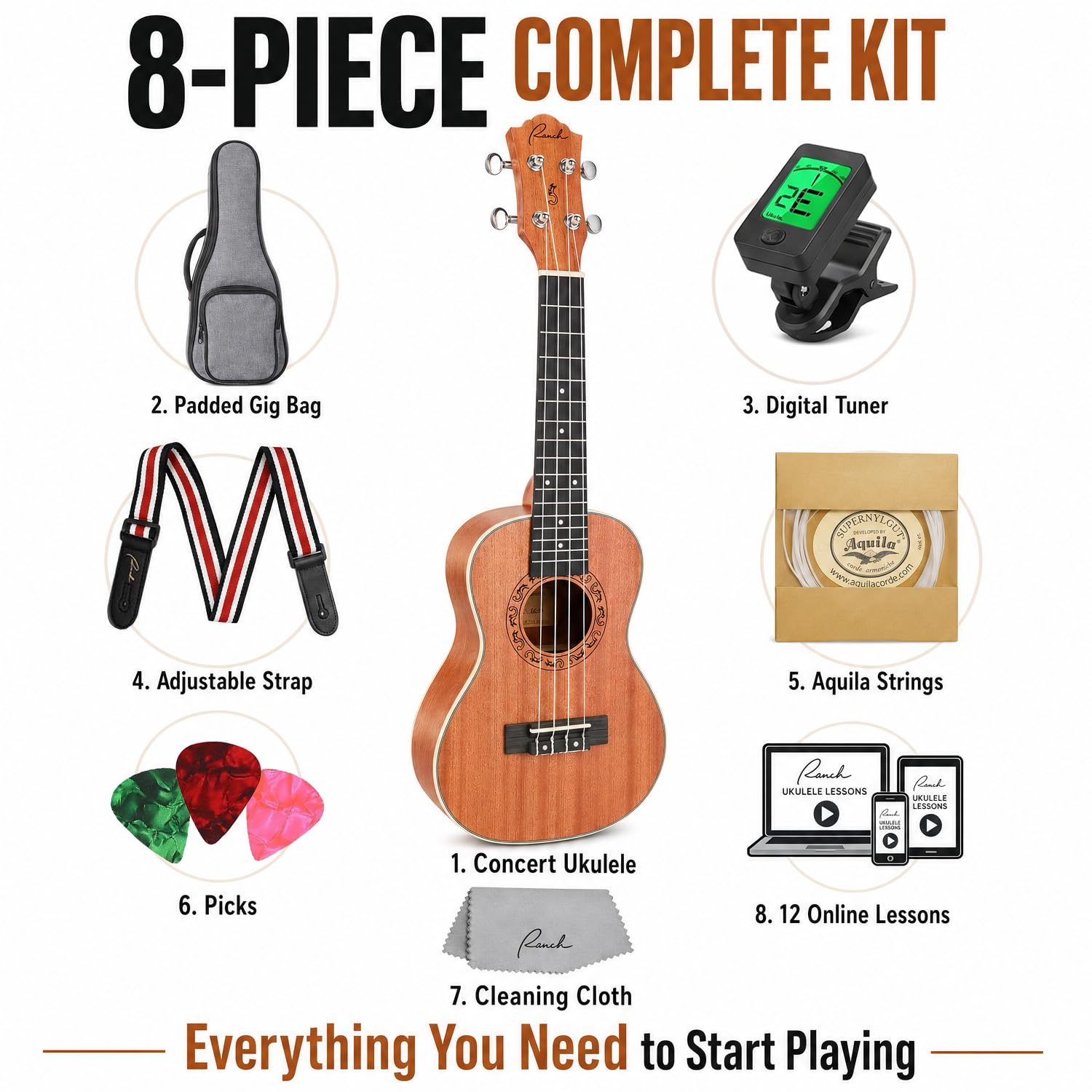 Ranch Konzert Ukulele 23 Zoll Professionelles Holz Ukulele Instrument Kit Mit Online 12 Lektionen Kleine Hawaiier Gitarre Ukulele Pack Bundle Gigbag Digitalem Stimmgerät & Gurt 4 Aquila Saiten Satz | Enthält 12 Online-Lektionen, gepolsterte Gigbag, Stimmg
