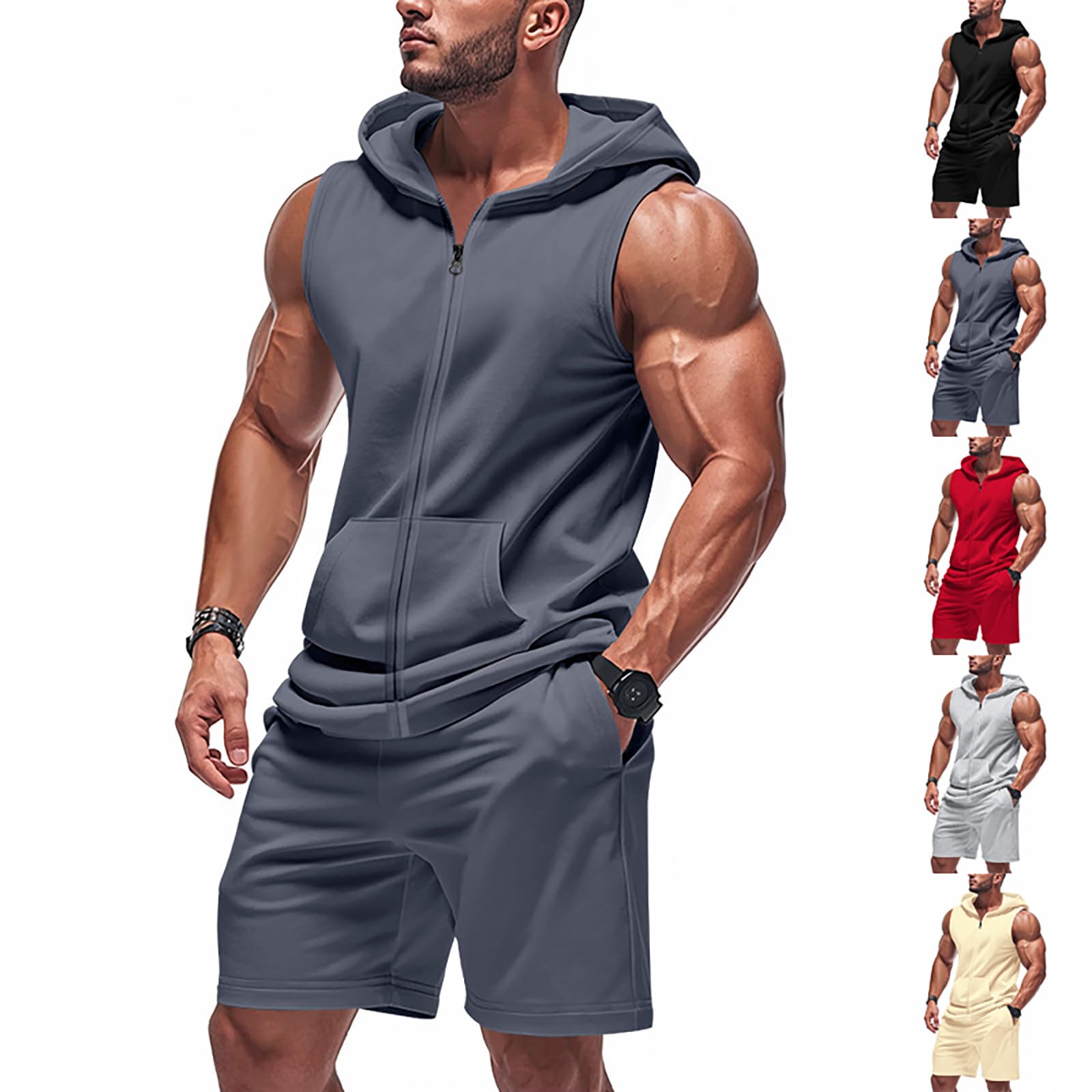 Conjunto de chándal para hombre de dos piezas, chándal de fitness con bolsillo, sin mangas, capucha, camisetas de tirantes y pantalones cortos, conjunto de pantalones deportivos, traje