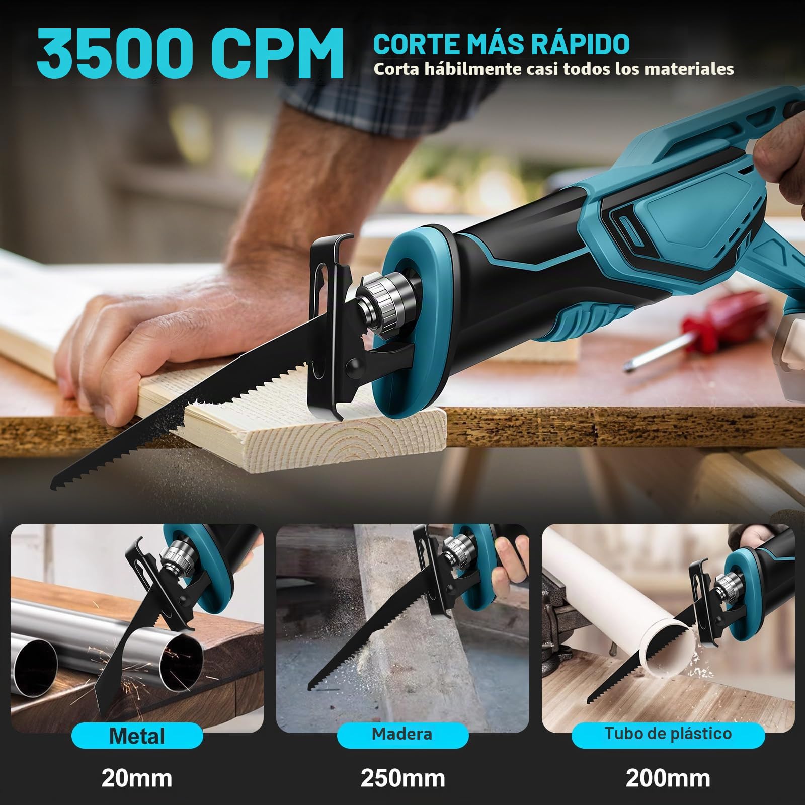Roadtime Sierra Sable Inalámbrica para Makita 18 V baterías (sin batería) ﻿ | motor sin escobillas 0-4000 RPM Sierra Electrica de Velocidad Variable, con 4 Cuchillas para Cortar PVC/Madera/Metal