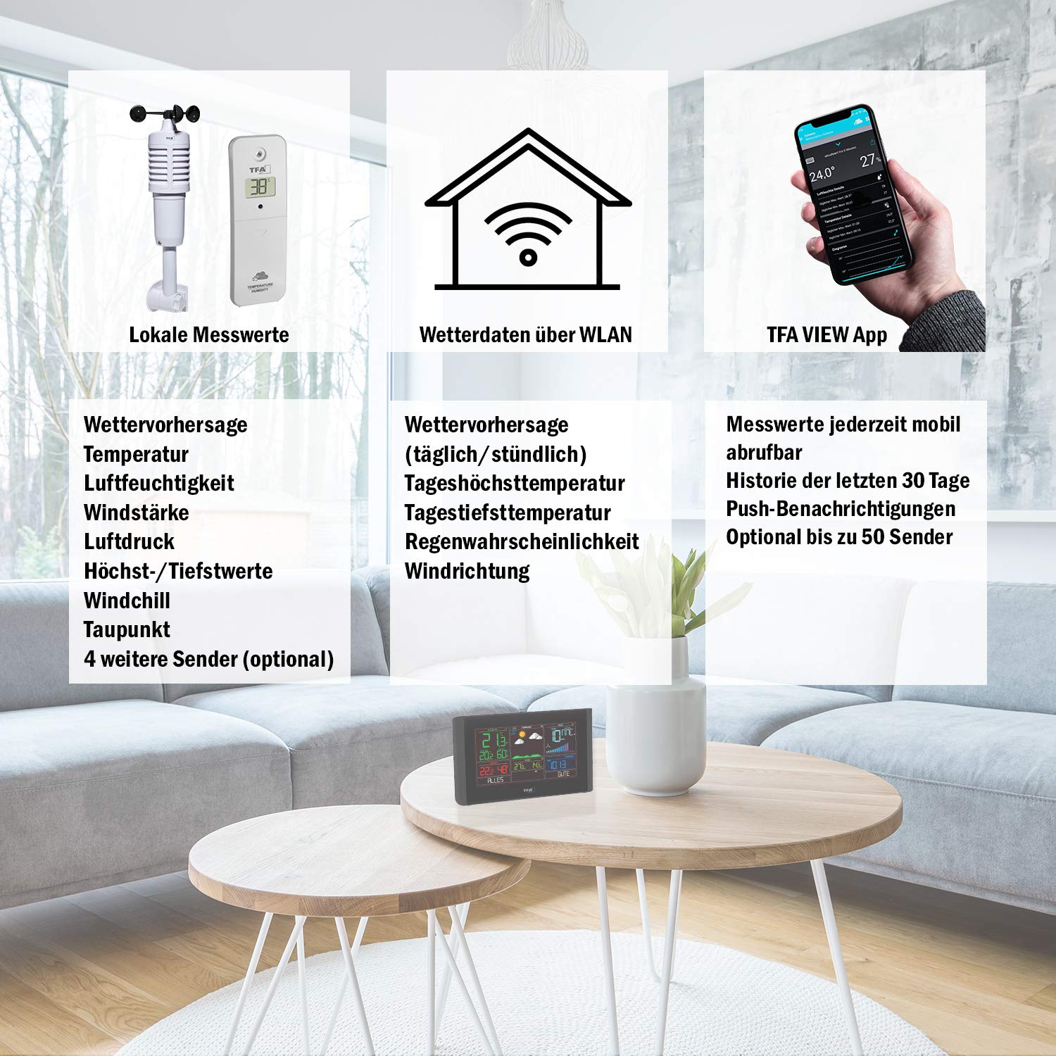 TFA Dostmann stazione meteo WLAN VIEW BREEZE, 35.8001.01, con indicatore del vento, previsioni meteo professionali, VIEW App gratuita, barometro, allarmi regolabili, punto di rugiada, nero