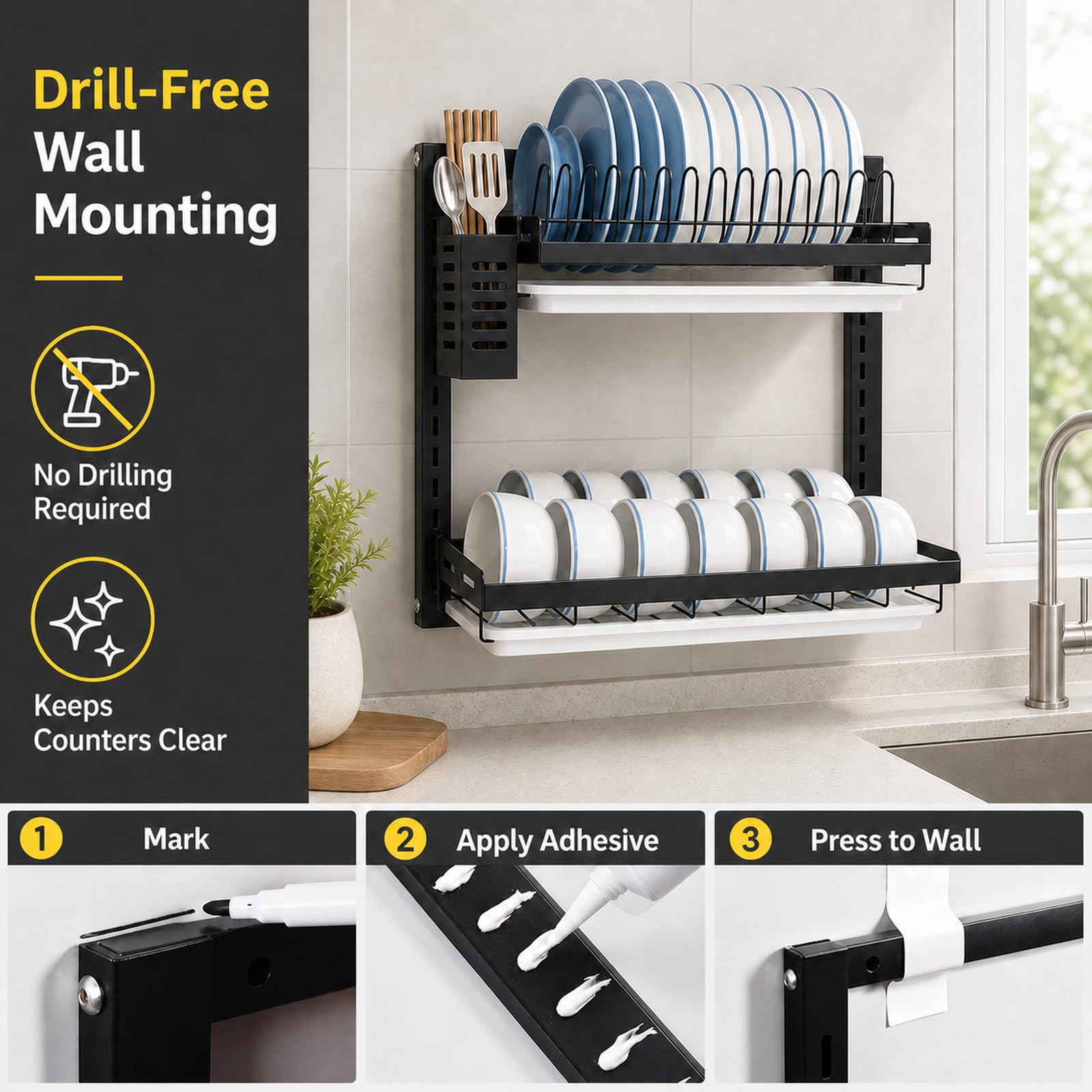 Escurridor de Platos de Pared,Escurreplatos De Pared De Acero Inoxidable,Escurridor De Platos con Bandeja,Estante para secar Platos Colgante,Ahorra Espacio,para Platos,Cuencos
