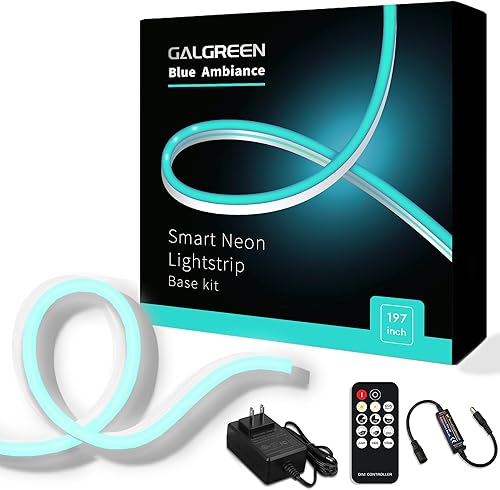 Galgreen Tira de luces de neón de 16.4 pies con control remoto regulable y adaptador, tira de luces LED inteligentes flexibles impermeables para