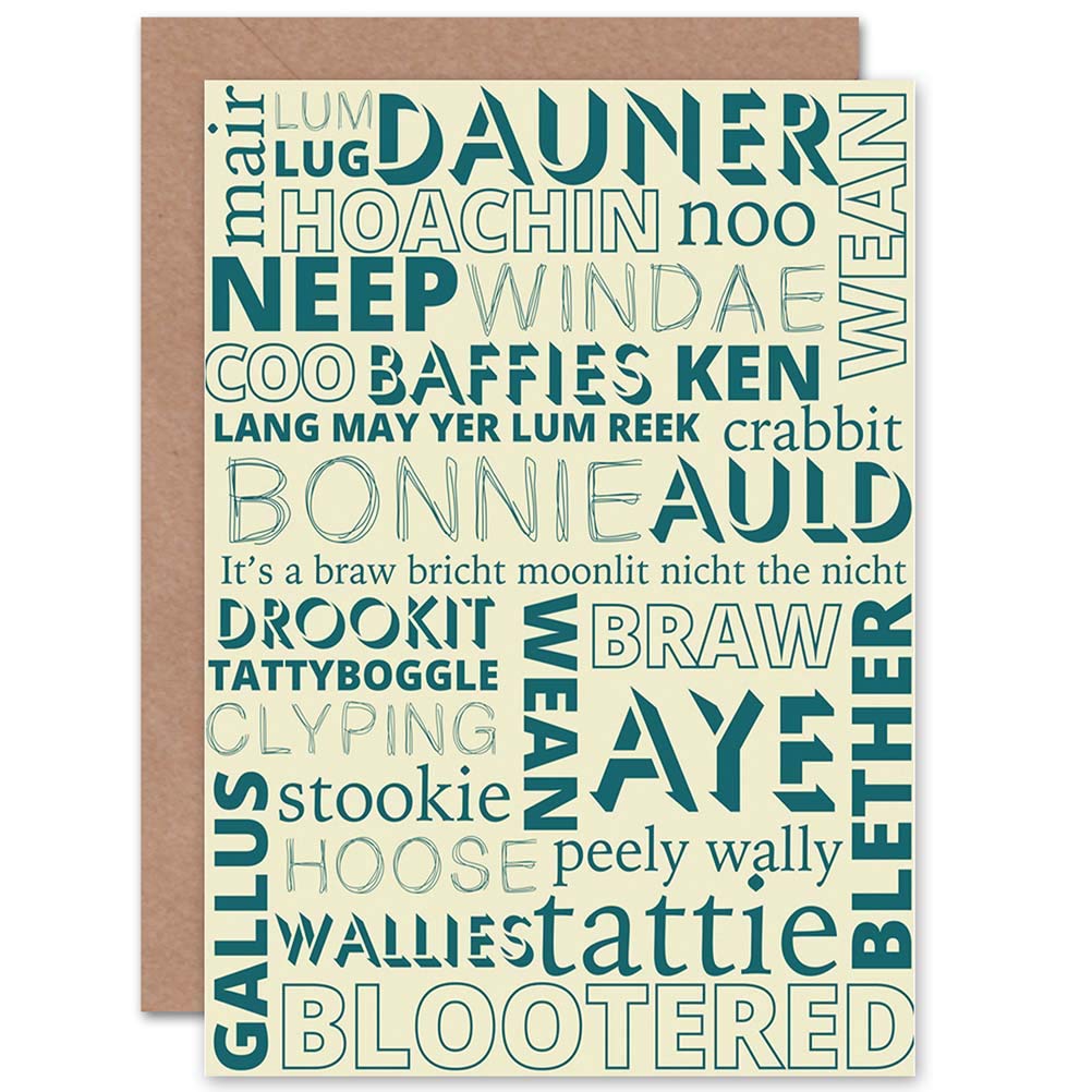 Wee Blue Coo SCOTTISH WORDS PHRASES SCOTS FUN SCOTLAND BLANK GREETINGS CARD