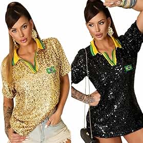Camisa Blusa feminina do Brasil em Paetê Tecido Forrado Glamour Fashion Brilho Tentencia moda Copa do Mundo 2026 (DOURADA)
