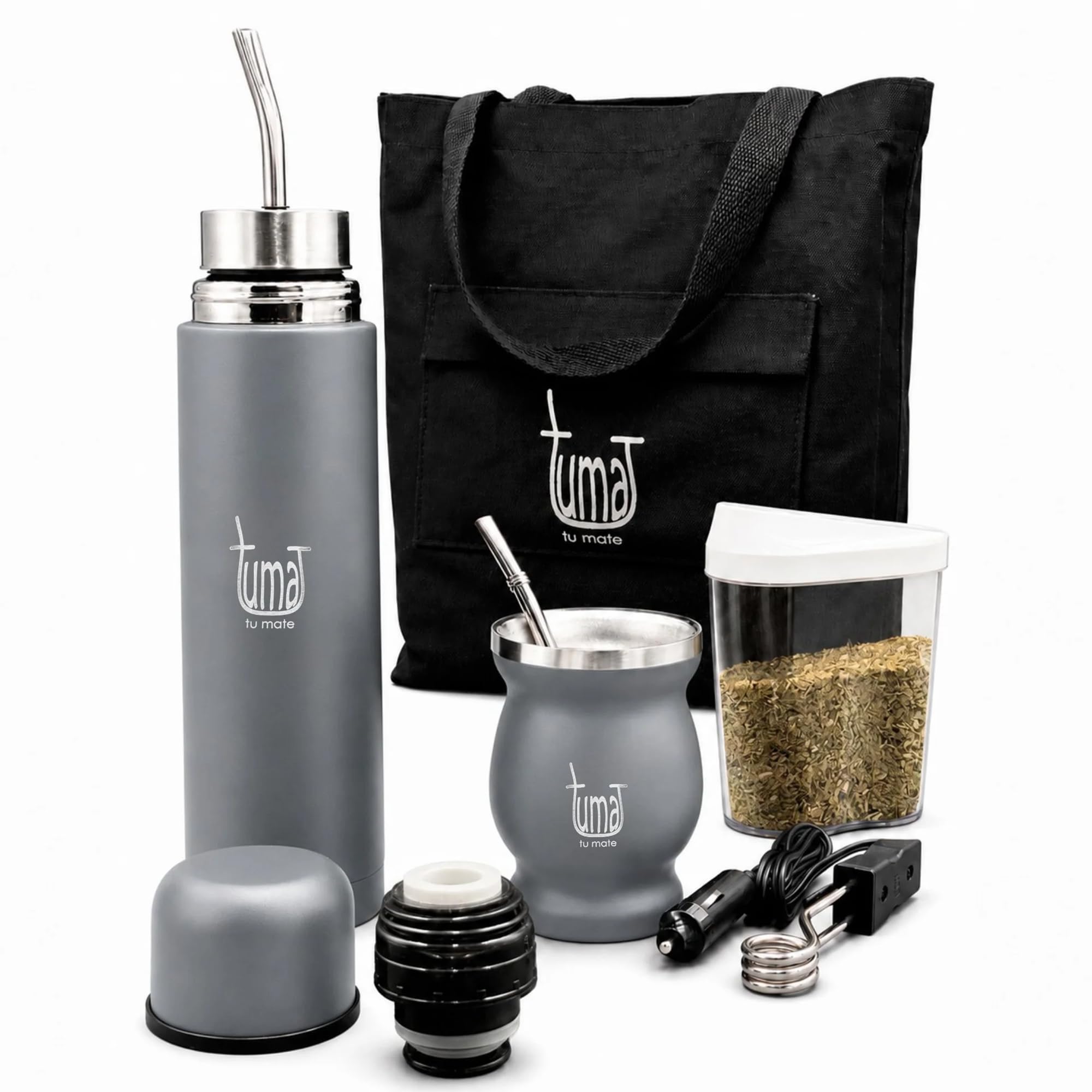 TUMA TU MATE Kit complet Yerba Mate, bouteille isotherme AutoMate à double bouchon, tasse et bombilla, 750 ml double paroi en acier inoxydable, sac en toile, récipient Yerbero et chauffage de voiture
