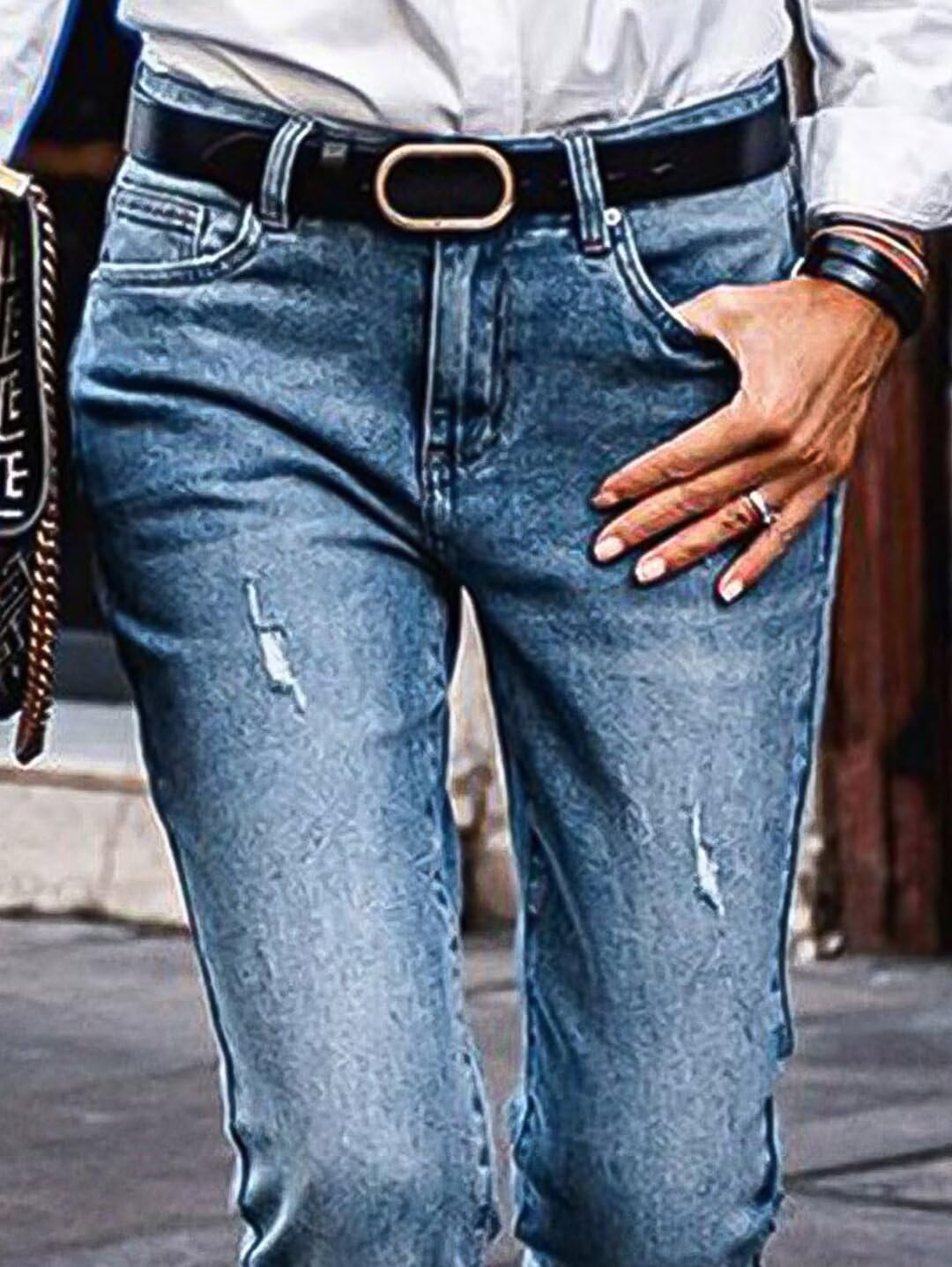 Flamingals Straight Leg Low Waist Boyfriend Roll Hem Wash Detail Denim Jeans Without Belt - Image 3