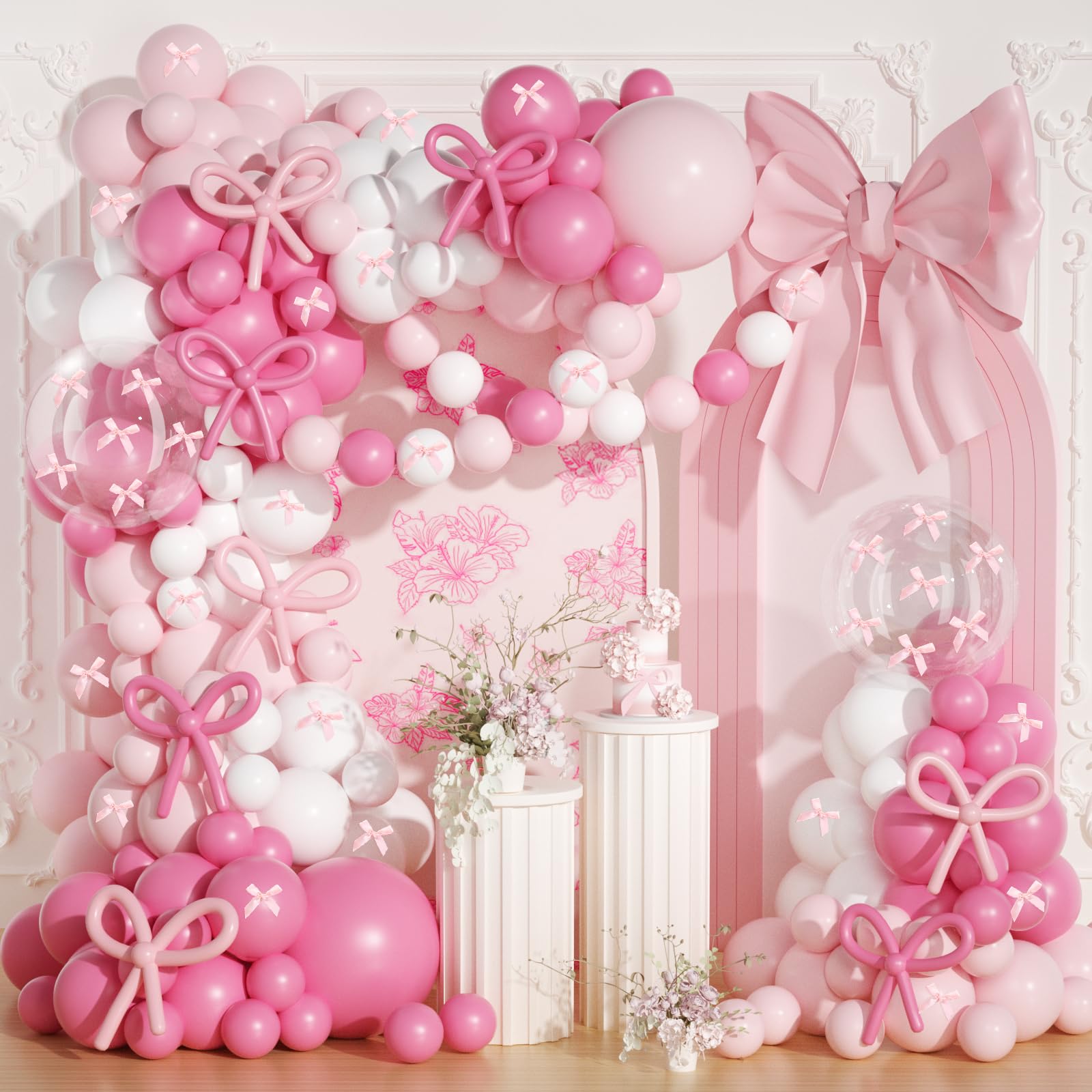 Coquette Birthday Decorations, JOGAMS 199Pcs Pink Bow Balloon Arch Kit with 260 Clear Balloons Pink Ribbon Bow for Coquette Bow Theme Birthday Bachelorette Baby Shower Bridal Shower Wedding Party